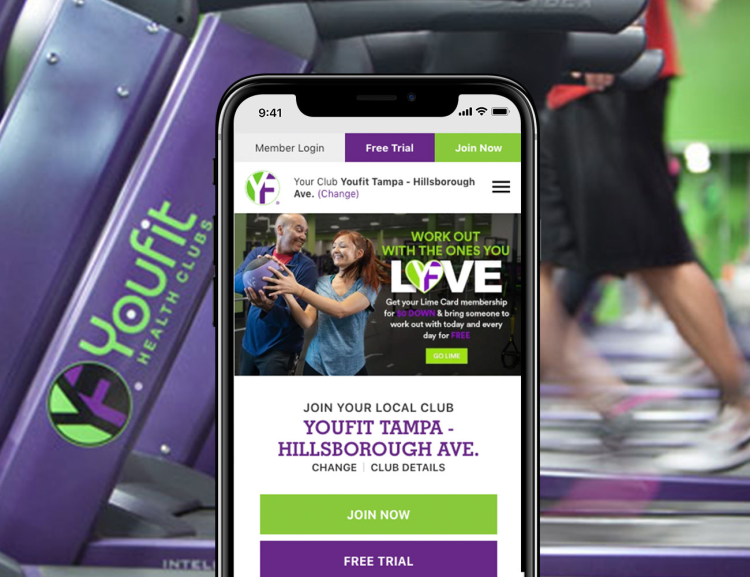YouFit Health Clubs website shown on mobile device with gym background