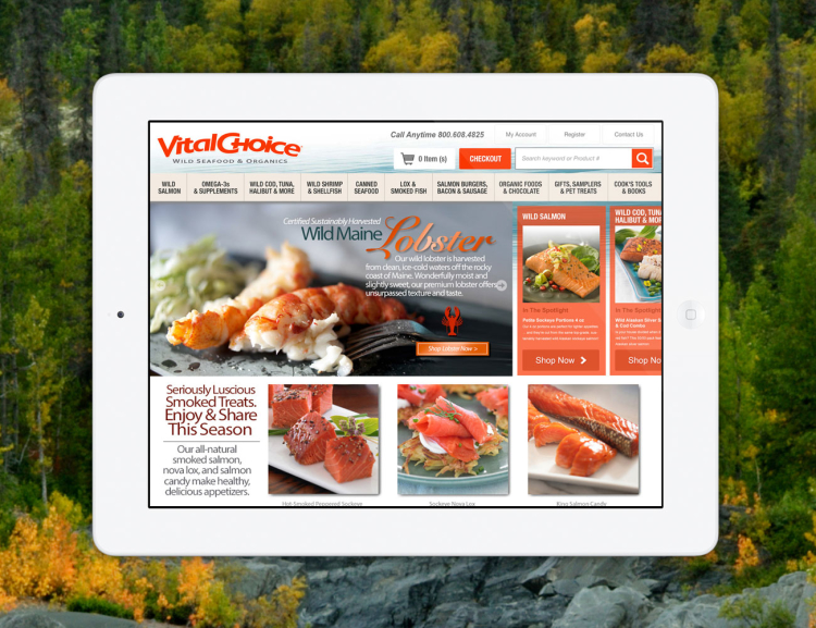 Vital Choice website shown on tablet device with river in the background