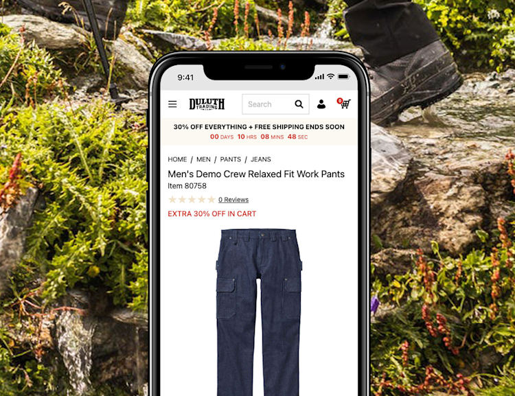 Duluth Trading Compony website shown on mobile phone