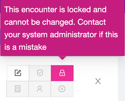 Like orange, magenta is close to red but visibly distinct. Locking an encounter is dangerous. It's neither a required part of the workflow nor necessarily destructive. Some practitioners lock each encounter instead of only closing. For these users, clicking on a red button over and over again would induce needless stress.