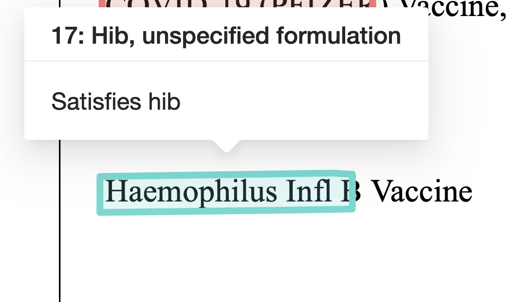 The system recognizes the words "Haemophilis Infl B" and correctly identifies the unspecified version of the Hib vaccine (CVX 17)