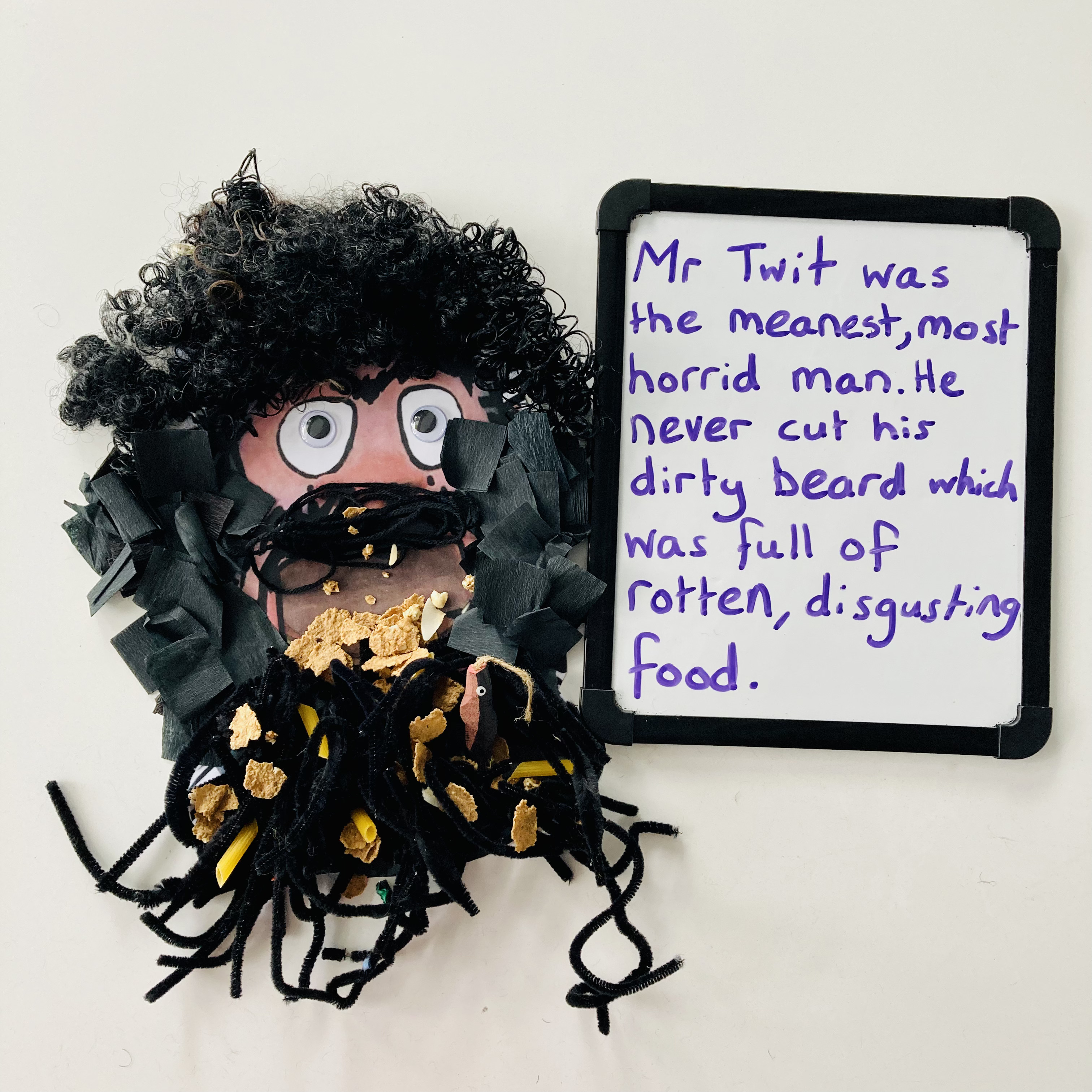 A fun reading lesson for grade 3 and 4 students that explores the idea of interesting characters through descriptive language and imagery. Students get to recreate their character through collaging. Here is an example of Mr Twit from the book The Twits by Roald Dahl.