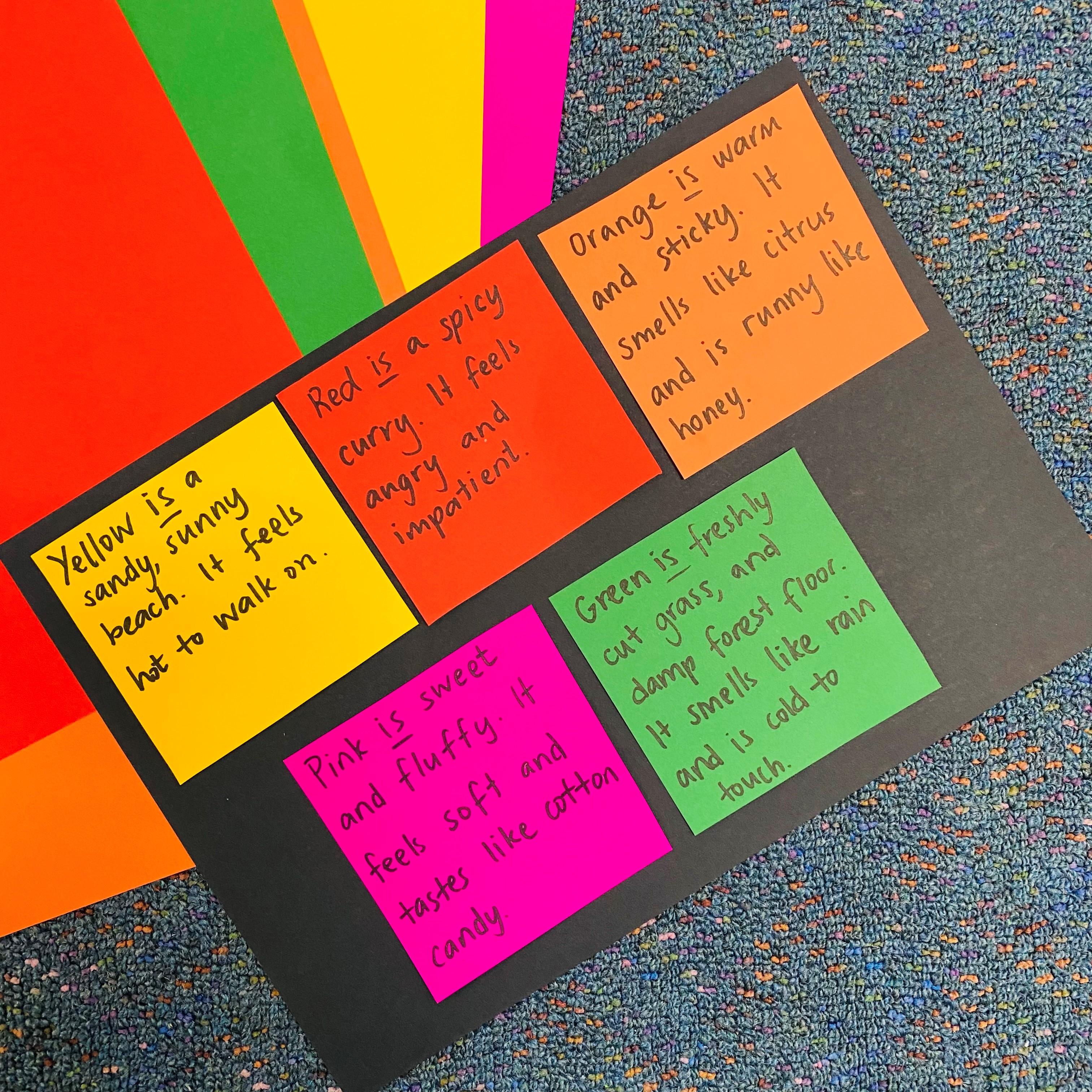 A fun writing lesson for grade 3-6 to develop students’ ability to use metaphors to describe. Students are exposed to the amazing metaphors in “The Black Book of Colours” and use this as inspiration to create their own colour dictionaries. Here we have a few examples using yellow, red, orange, pink and green! A fun writing lesson for grade 3-6 to develop students’ ability to use metaphors to describe. Students are exposed to the amazing metaphors in “The Black Book of Colours” and use this as inspiration to create their own colour dictionaries. Here we have a few examples using yellow, red, orange, pink and green!