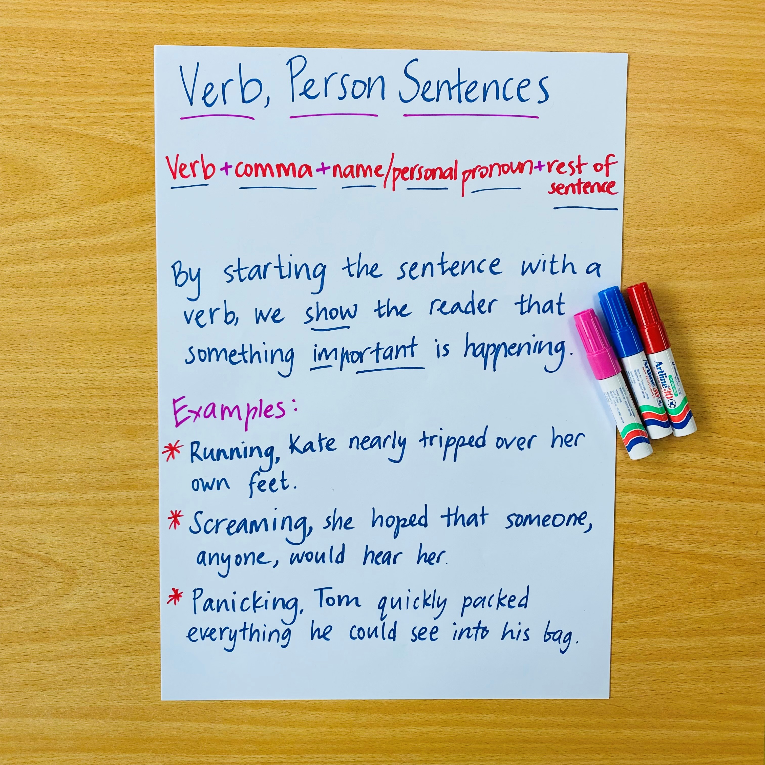An engaging writing lesson to support students to write engaging sentences, following the Verb, Person structure. The lesson equips students with the skills required to construct a range of sentence types, using a range of verbs as sentence starters.