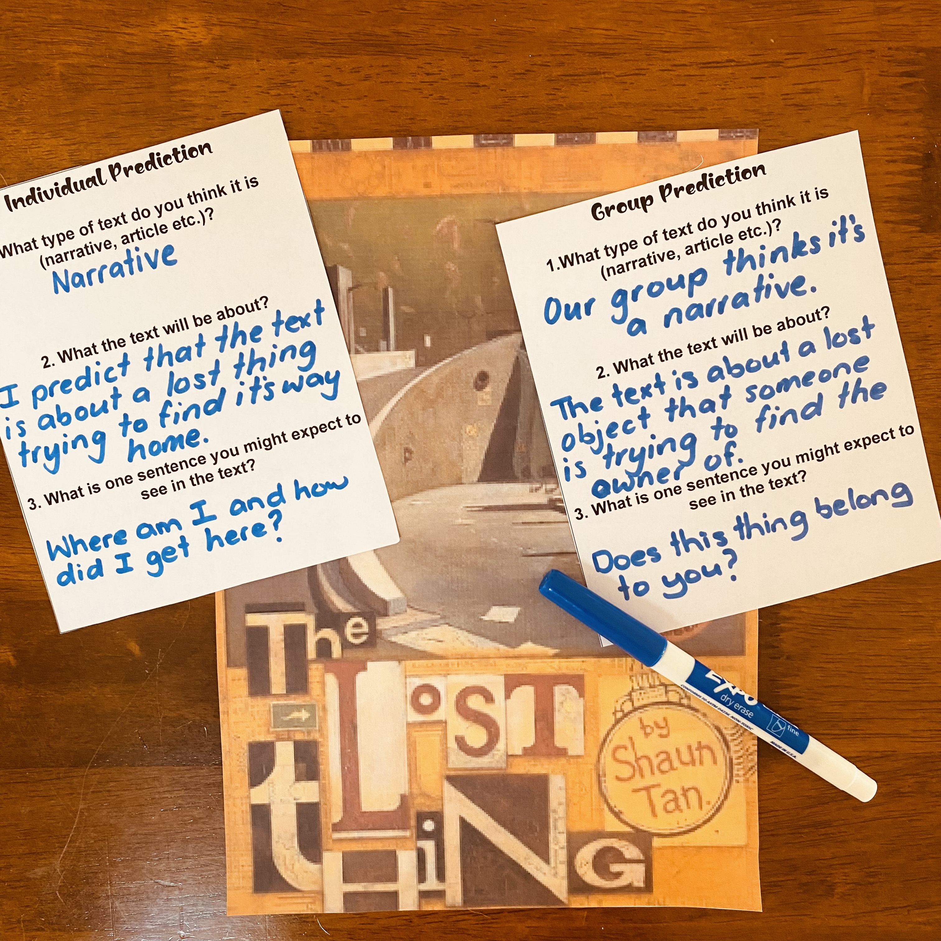 Cooperative learning activity that engages the students and increases motivation to write good predictions, through the use of group and individual work around predicting from Shaun Tan’s ‘The Lost thing’ text.