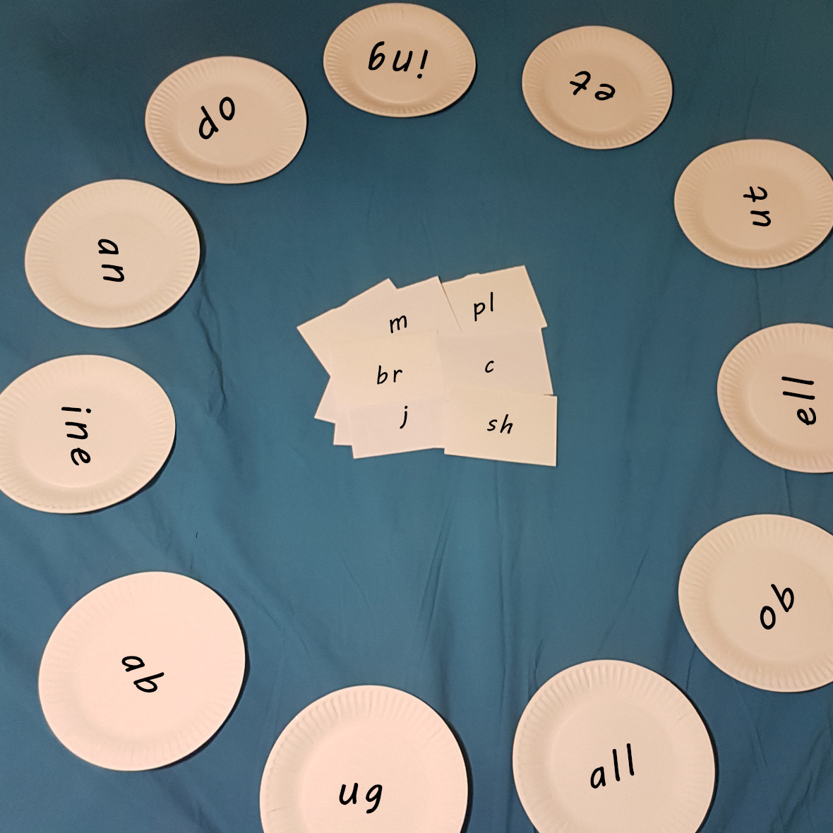 This reading lesson uses plates and cards to teach kindy kids letters and sounds, critical for Phonological Awareness and understanding Onset and Rime. ing, on, an, ine, ab, ug, all, ell, ut, et.