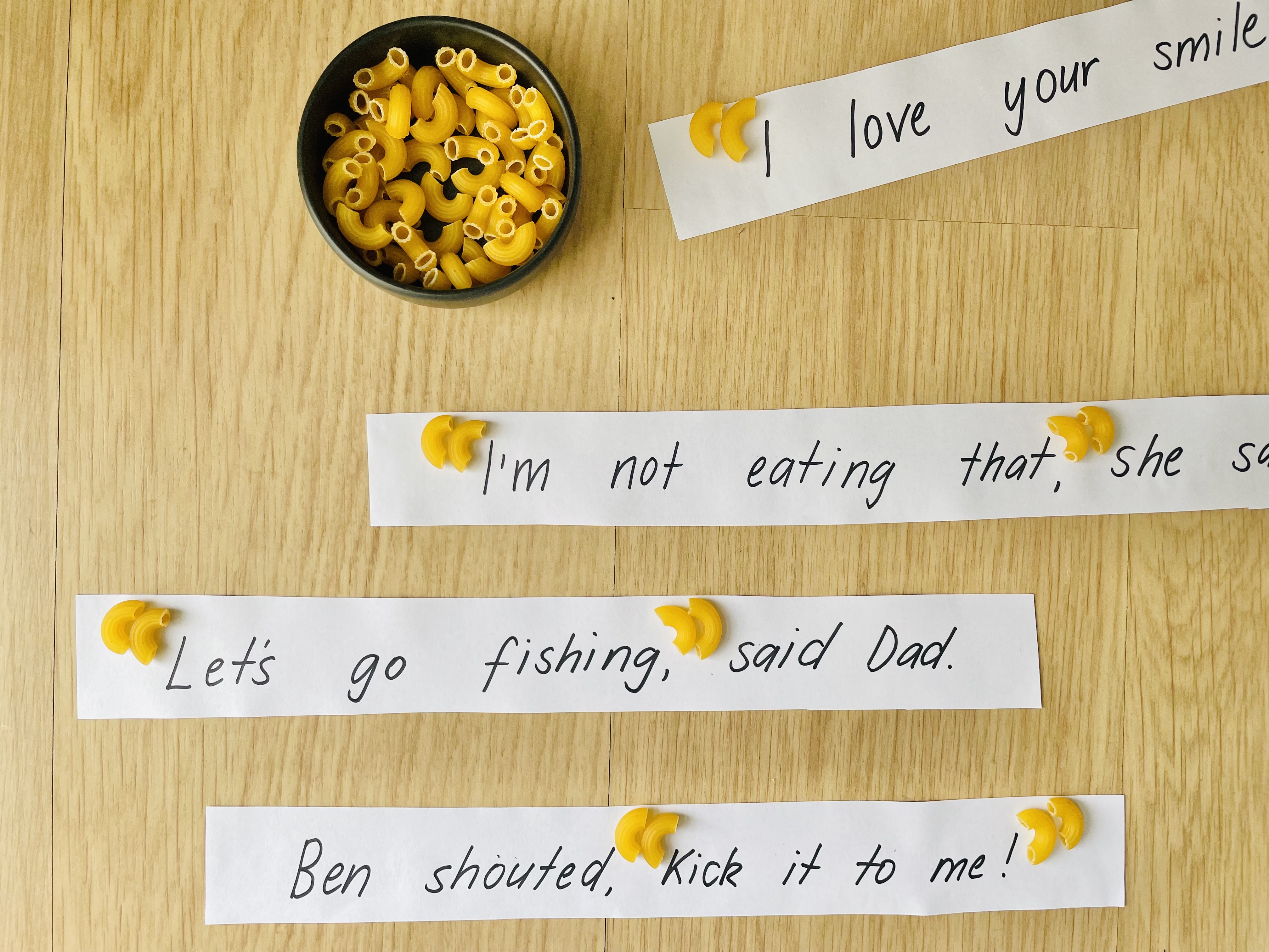 A fun punctuation lesson focused on the use of speech marks. Here we have sentence strips that have not been punctuated correctly. Students have used dry macaroni to show where the speech marks should be.
