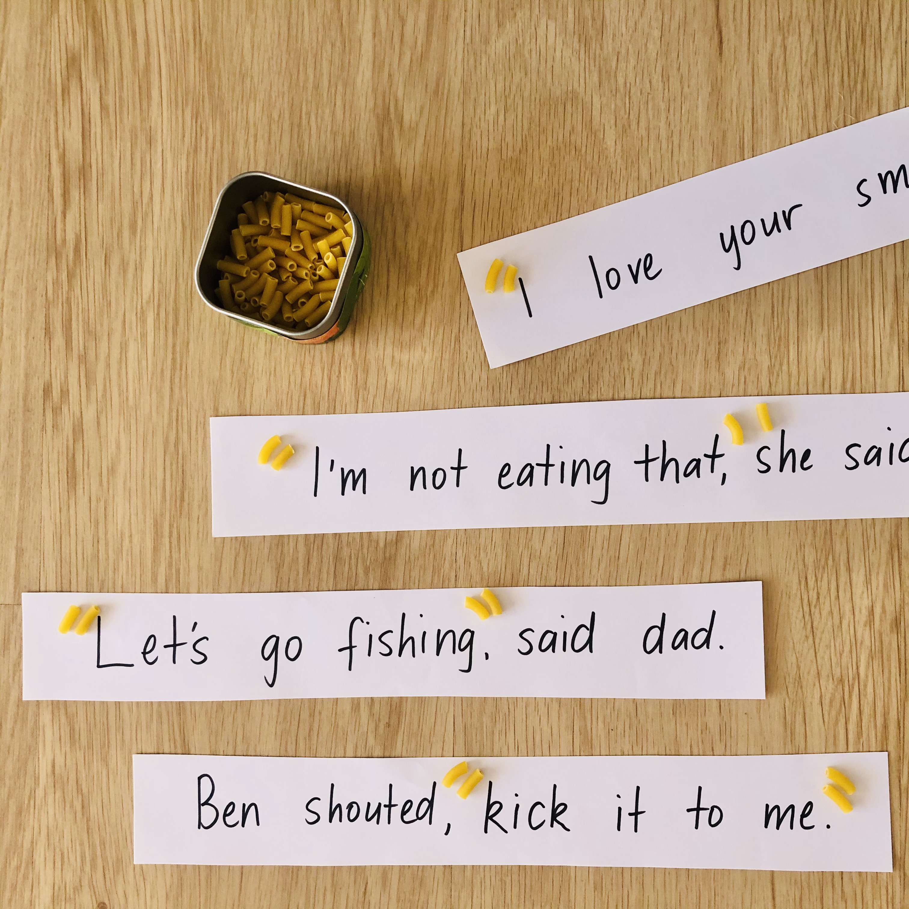A fun punctuation lesson focused on the use of speech marks. Here we have sentence strips that have not been punctuated correctly. Students have used dry macaroni to show where the speech marks should be.