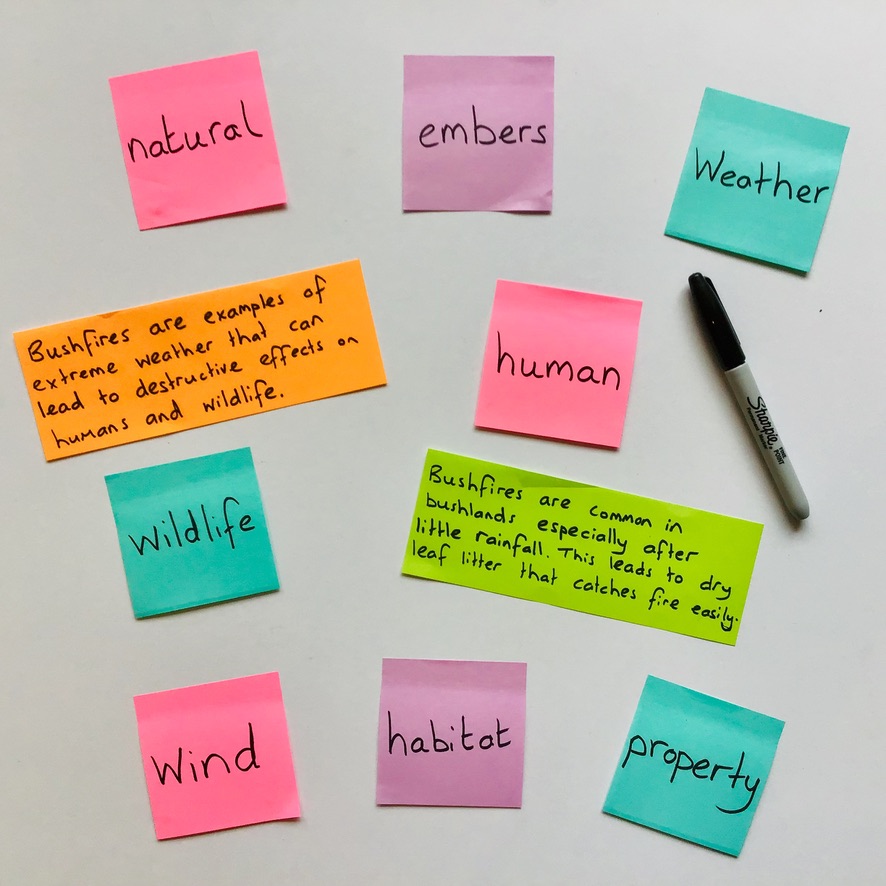 A fun reading lesson for grades 5 and 6 students that explores using technical vocabulary about bushfires to write interesting sentences. This lesson uses a scavenger hunt where students have to find words on post-it notes and then use them in their own sentences. A fun reading lesson for grades 5 and 6 students that explores using technical vocabulary about bushfires to write interesting sentences. This lesson uses a scavenger hunt where students have to find words on post-it notes and then use them in their own sentences.