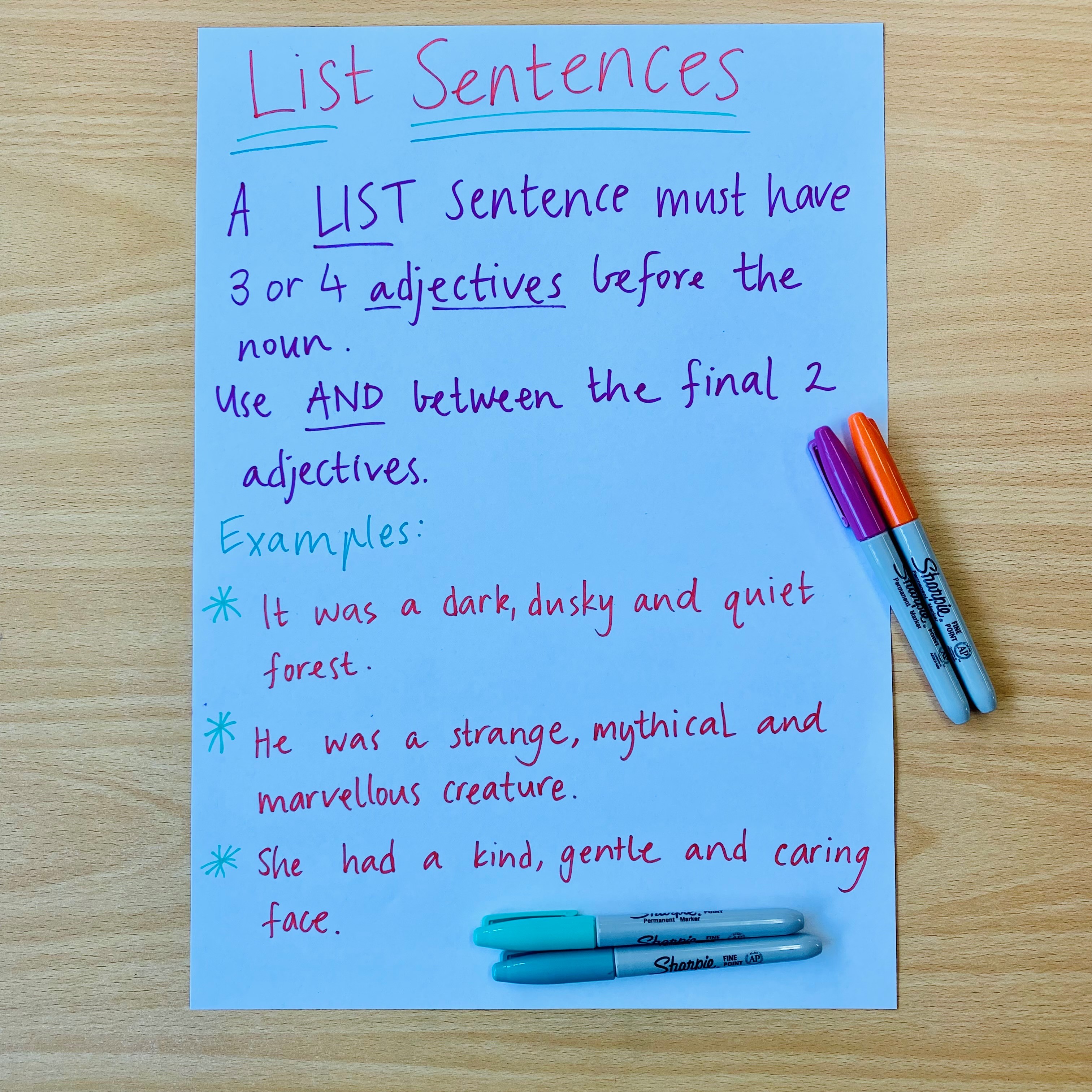 A succinct writing lesson to support students to write engaging sentences, following the List Sentence structure. The lesson equips students with the skills required to construct a range of varied sentence types, using 3-4 adjectives to describe a noun.