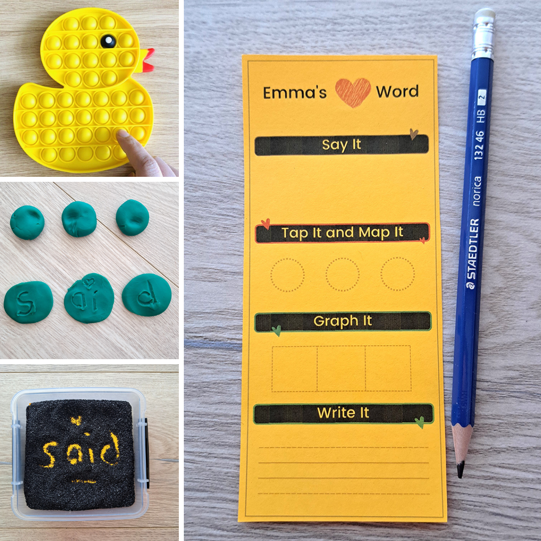 A fun hands on lesson where students practise reading, writing and creating heart words. Here we have four activities students participated in including using a fidget popper, playdough and coloured sand to practise hearing and recording sounds; and creating their own bookmark. 