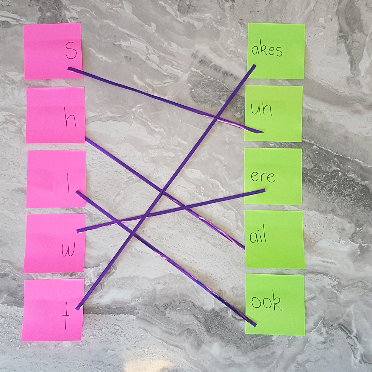 A fun phonics lesson focusing on segmenting and blends sounds to create a word. Here we have words taken from a level 5 PM guided reader and the student has chosen to connect their onset and rime with pieces of ribbon.