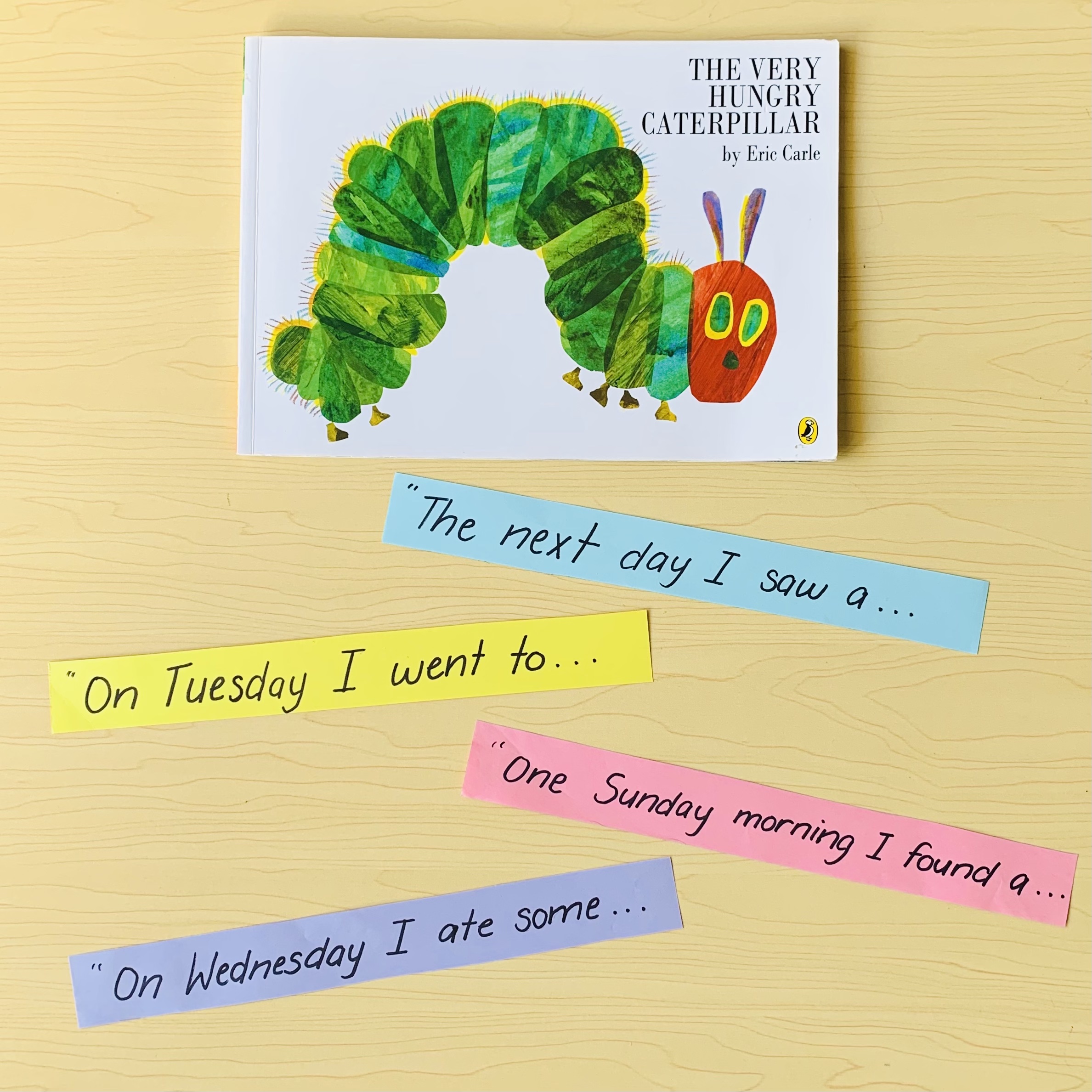 A fun speaking and listening activity for Foundation students that uses story starters to build their vocabulary knowledge. Here we’ve drawn up some examples of story starters from the text ‘The Very Hungry Caterpillar’.