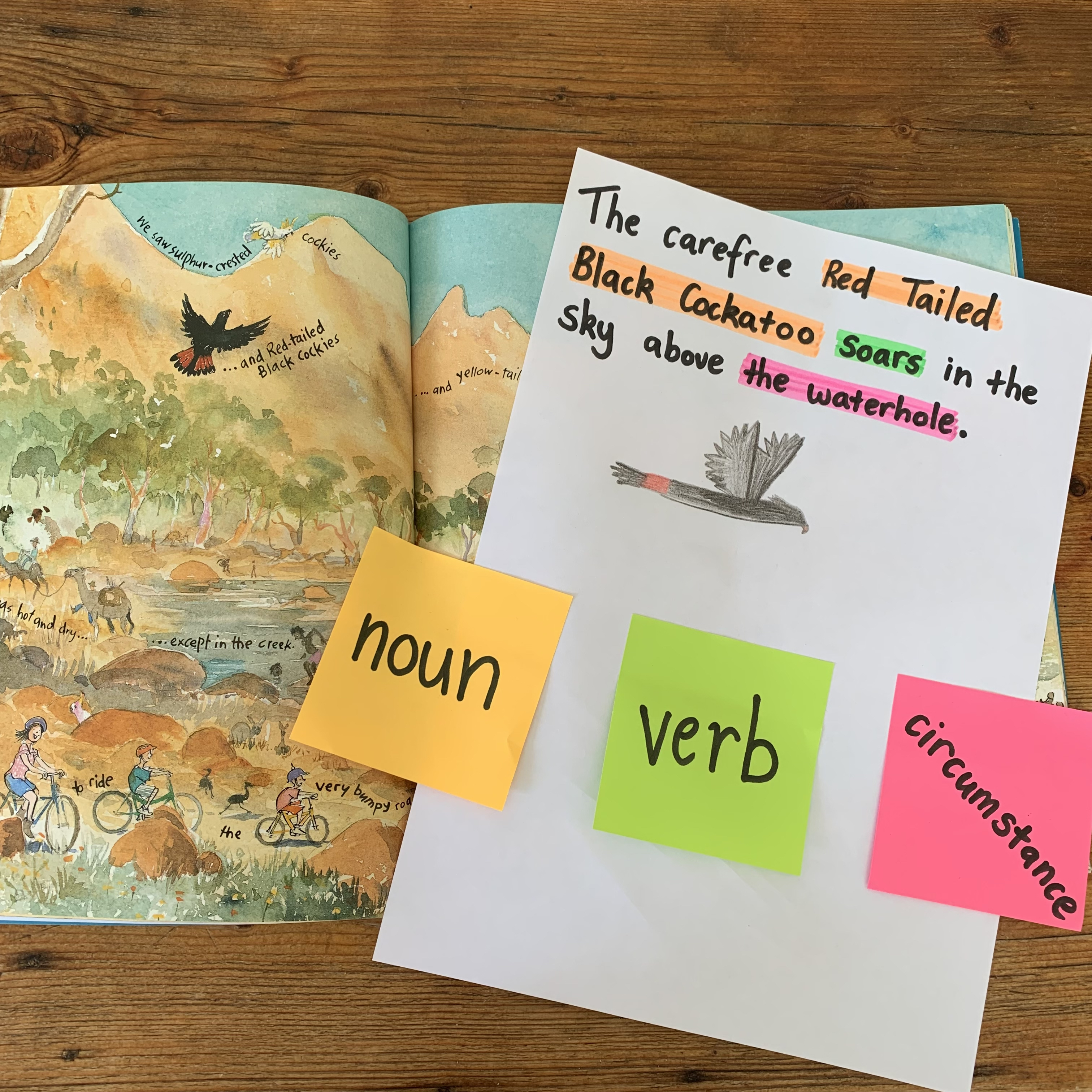 A fun reading lesson for grade 1 and 2 students to think critically and creatively when writing a sentence. This Vocabulary lesson will help students understand how they can use the sentence structure of ‘noun, verb and circumstance’ to improve their writing. Through reading and analysing the images within the mentor text ‘To The Top End’ by Roland Harvey, students will begin to utilise strategies to improve their vocabulary through creative thinking.