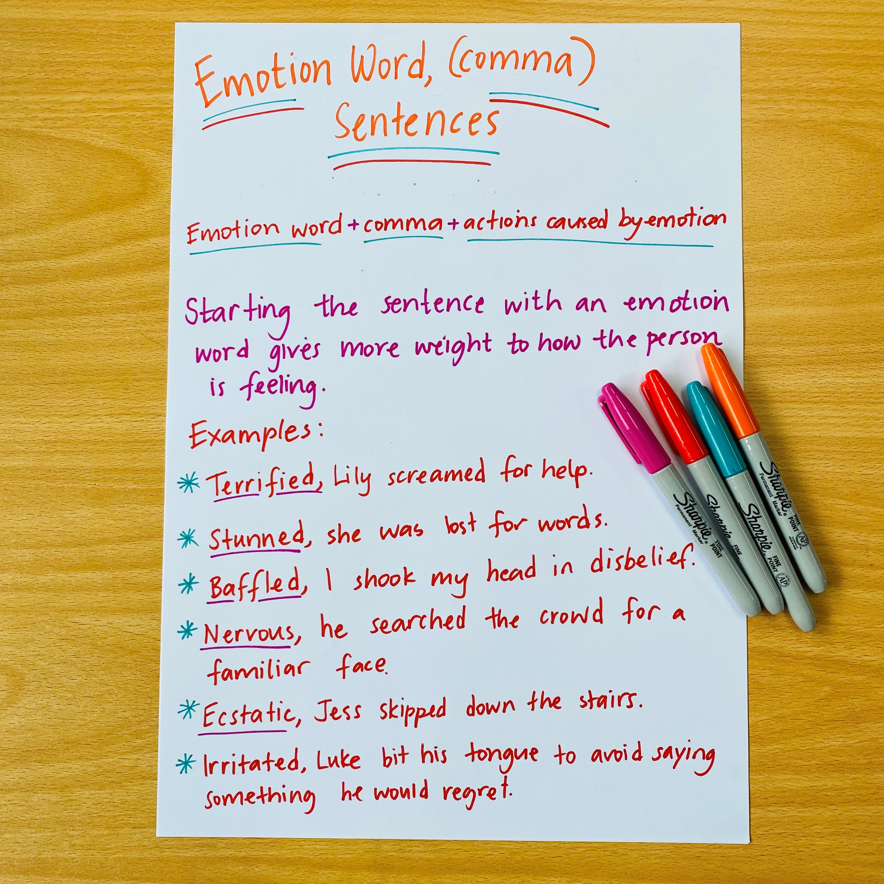 An explicit writing lesson to support students to write engaging sentences, following the ‘Emotion Word, (Comma)’ structure. The lesson equips students with the skills required to construct a range of varied sentence types, using a range of emotion words as sentence starters.