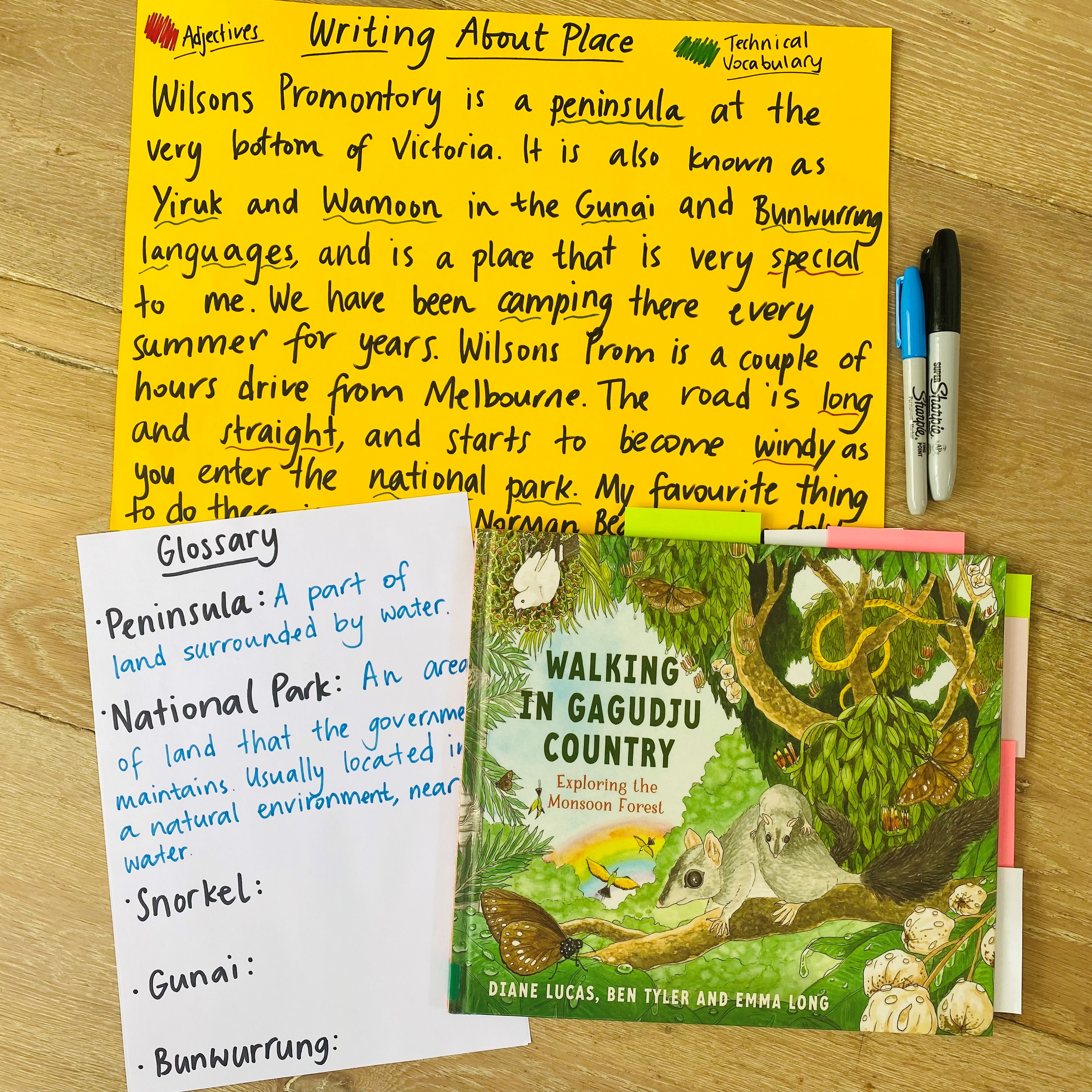 A fun lesson for grade 3-6 to develop students’ ability to identify and define key vocabulary in their writing, and create a glossary using them. Students’ writing is inspired by Ben Tyler and Diane Lucas’ wonderful text, “Walking in Gagudju Country” which takes students on a walking tour through the Monson Forest in Kakadu. The text embeds the Kundjeyhmi language into the narrative, which is one of the native Indigenous dialects spoken in this particular part the Northern Territory. Here we have an example of the start of a class writing piece and glossary.