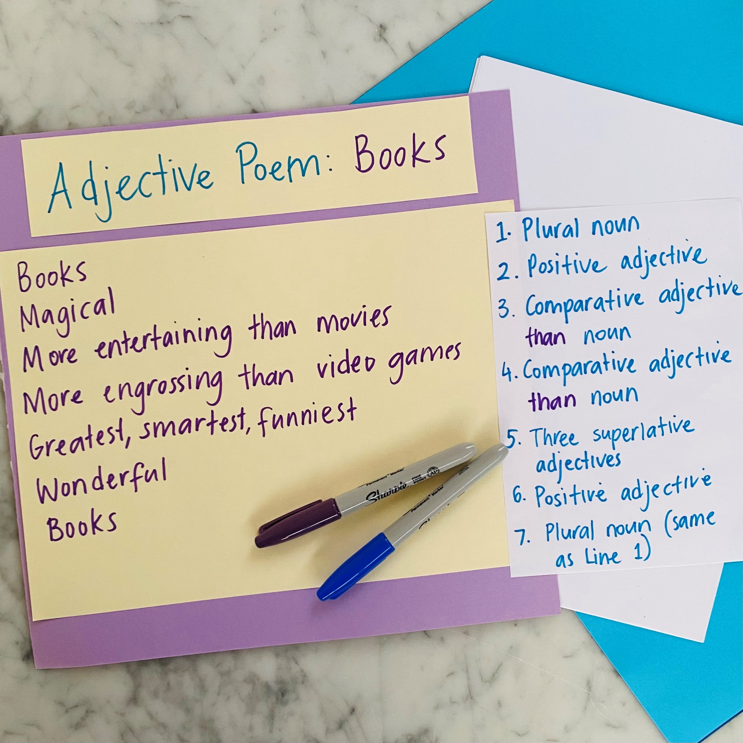 A fun, practical writing lesson for grades 3-6 that teaches students how to write an adjective poem. Students will deepen their understanding of adjectives as parts of speech and use them to vividly describe a noun of their choice. Fabulous as a standalone lesson or as part of a poetry unit, this lesson will enhance students’ vocabularies, and their creativity!