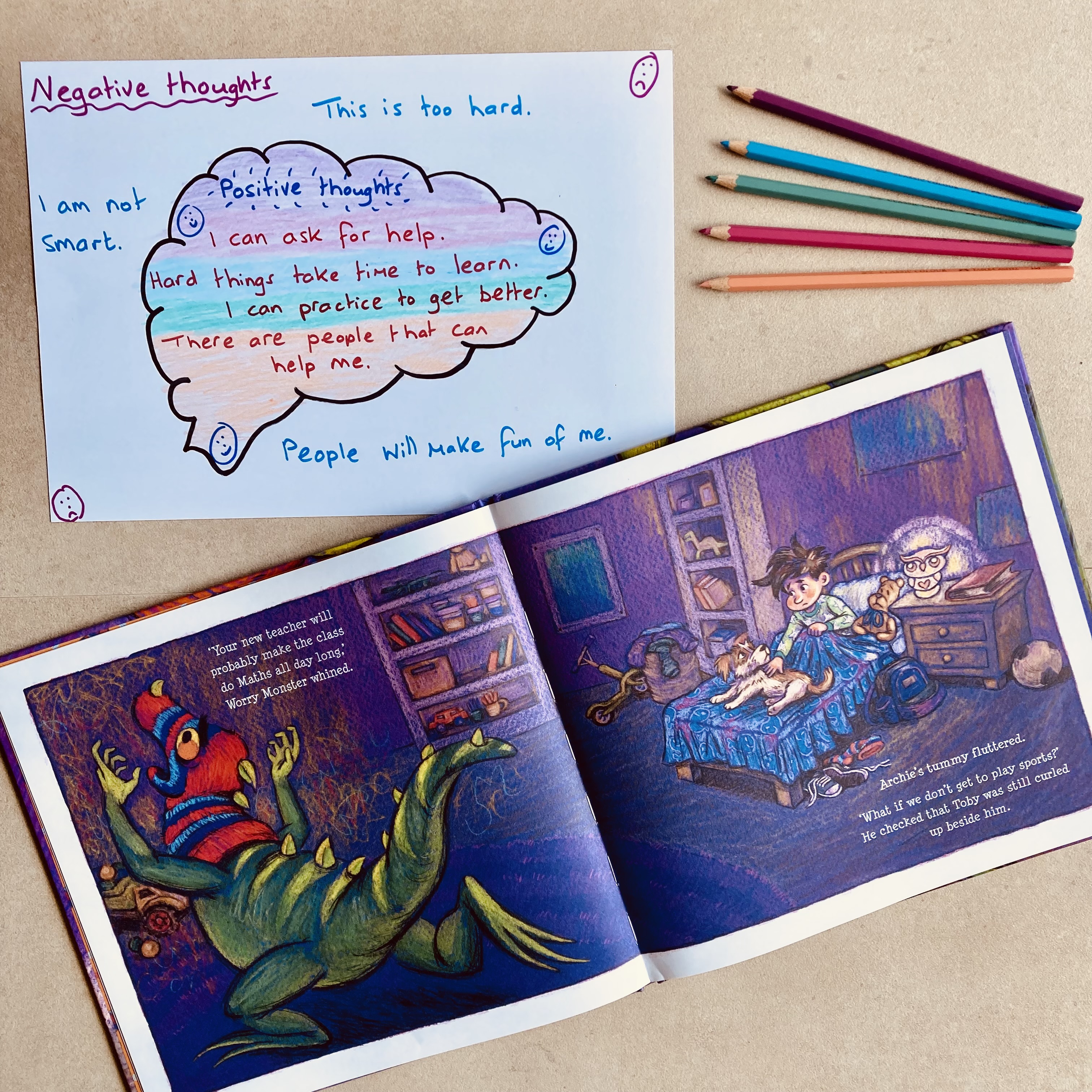 A fun reading lesson for grade 1 and 2 students that explores the idea of worries. This lesson uses ‘Go Away Worry Monster’ by Brooke Graham and encourages students to think about positive and negative thinking.