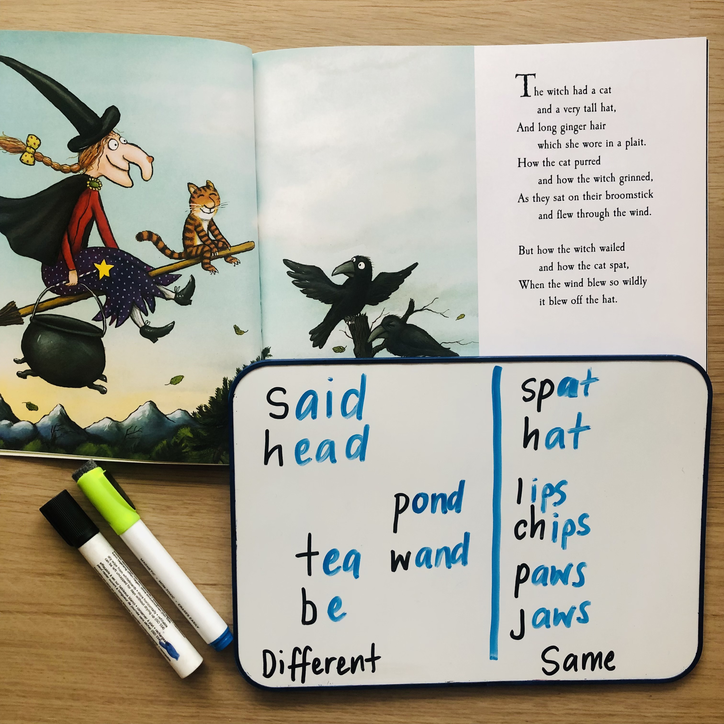 A fun phonics lesson exploring the various spelling patterns of rhyming words. Here we have pairs of rhyming words from the book, ‘Room on The Boom’, written on Post-it notes and sorted into words that have the same rime, and words that do not.