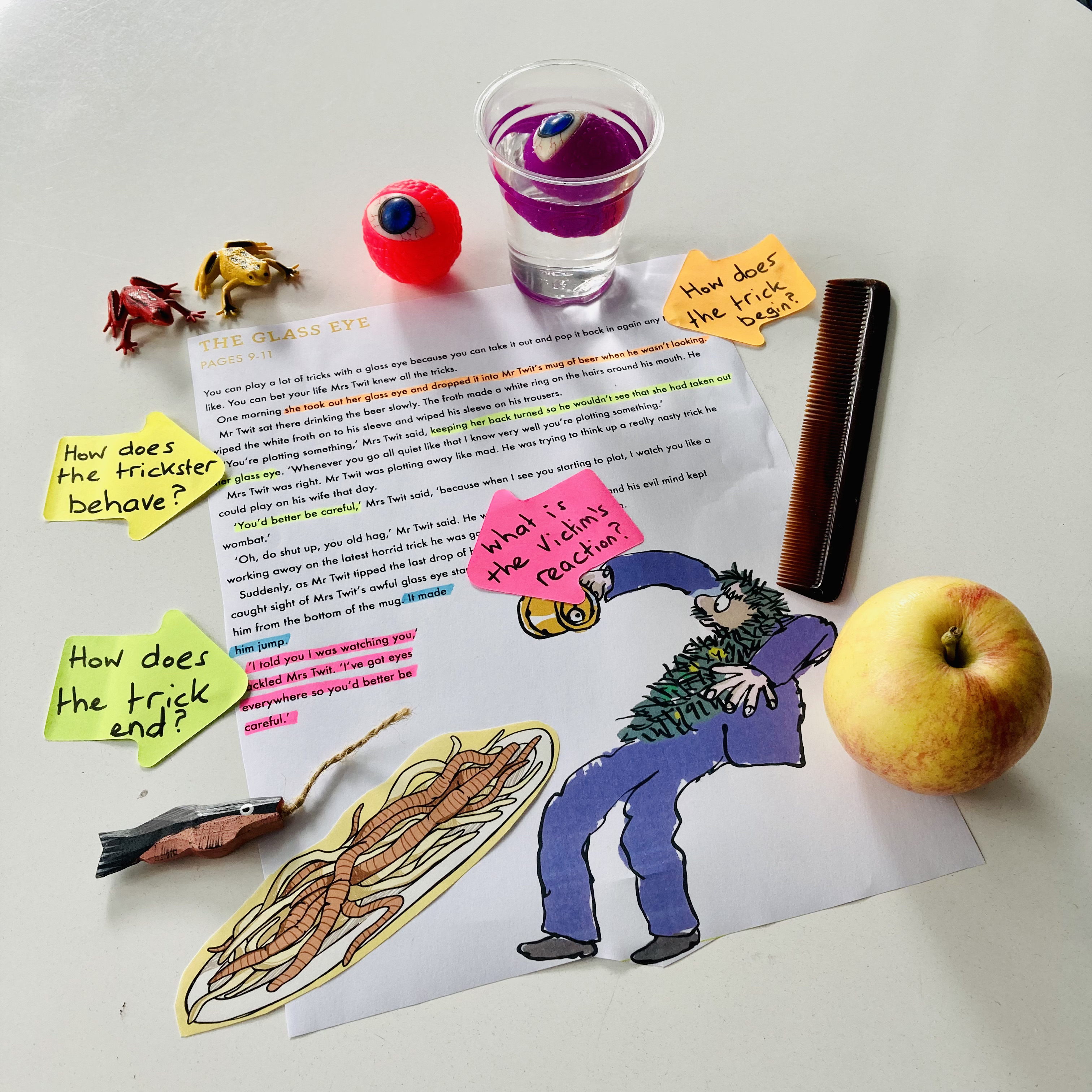 A fun reading lesson for grade 3 and 4 students that explores the structure of a chapter. Students analyse Roald Dahl’s writing and then write their own trick. Here is an example of the Glass Eye trick from the book The Twits by Roald Dahl.