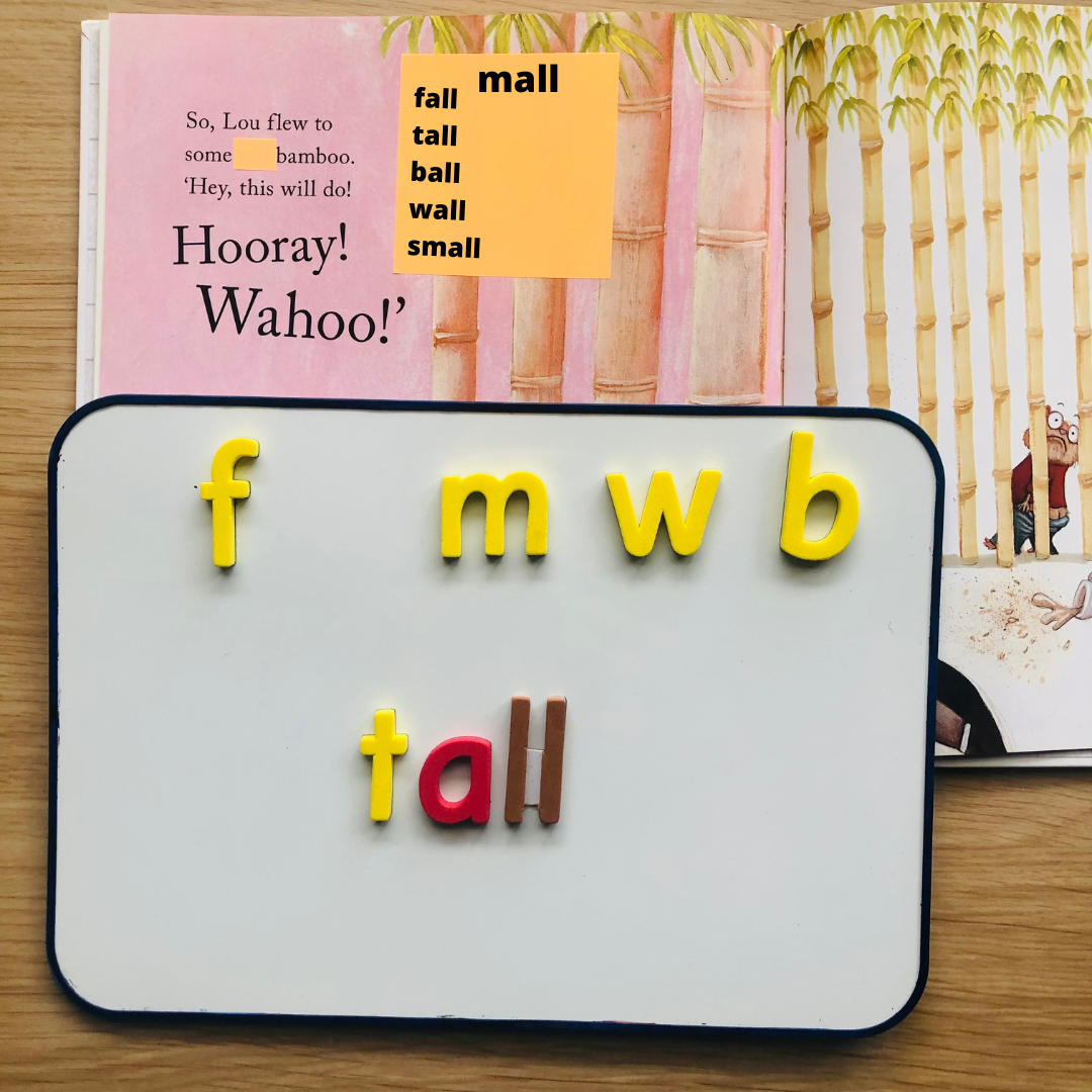 A fun, hands on phonics lesson with some comprehension skills incorporated. Here we have an example of a text that has been modified, letter tiles for the student to experiment with and examples of the words the student has created as they try to find the right alternative to rust. 