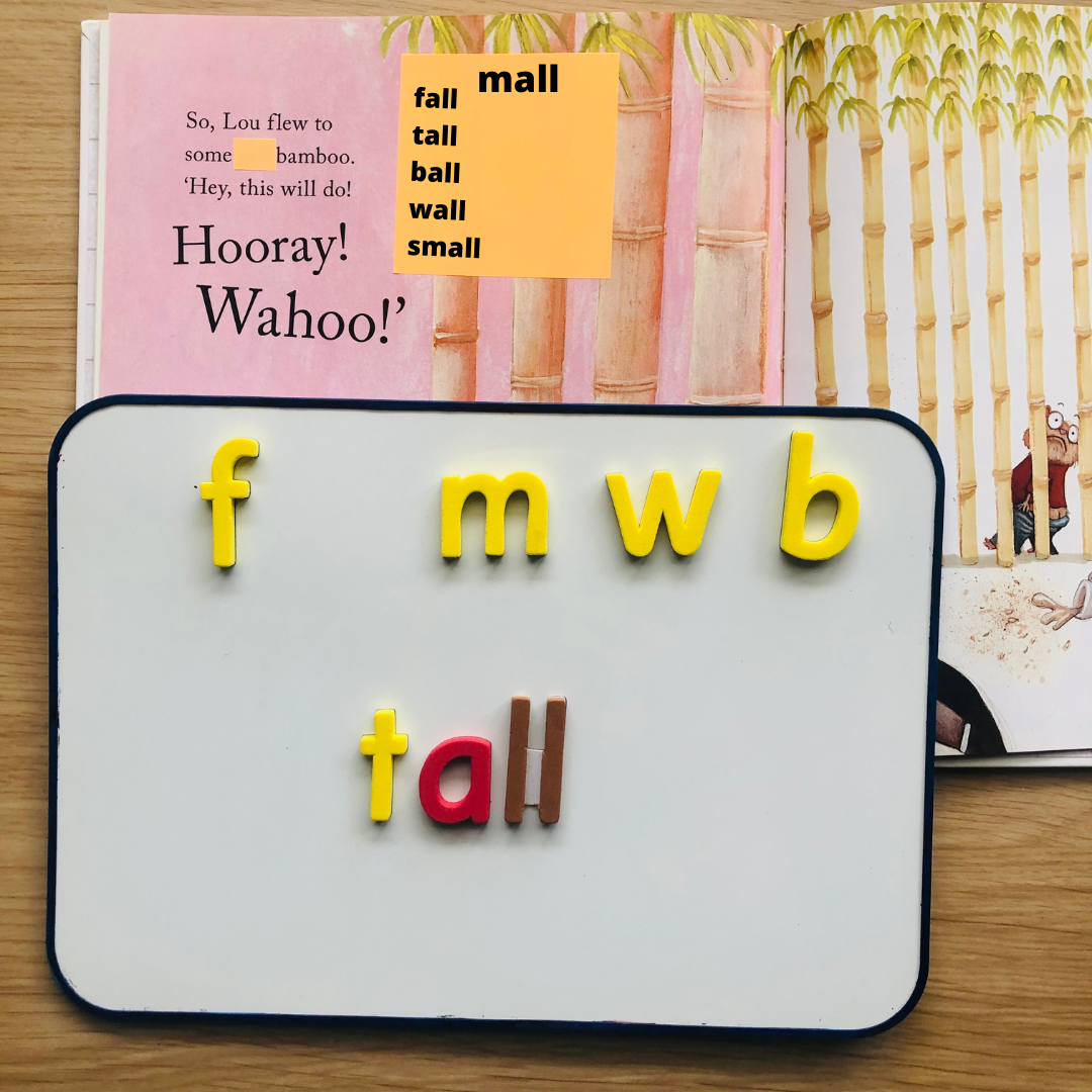 A fun, hands on phonics lesson with some comprehension skills incorporated. Here we have an example of a text that has been modified, letter tiles for the student to experiment with and examples of the words the student has created as they try to find the right alternative to rust.