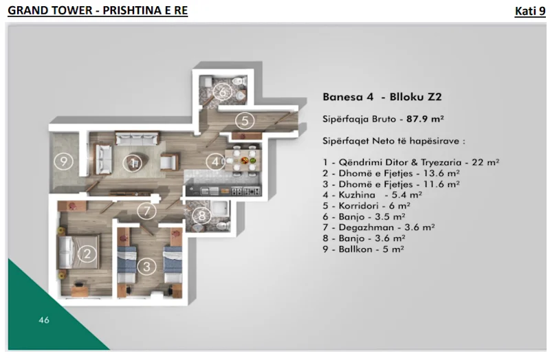 Apartment for Sale – 87.9 m², Block Z2, 9th Floor, Grand Tower – New Prishtina. - Image 1