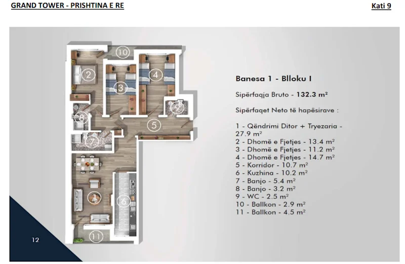Apartment for Sale – 132.3 m², Block 1, 9th Floor, Grand Tower Complex – New Prishtina. - Image 1