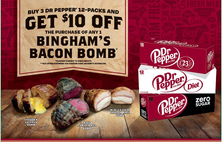 Image showing a promotional banner encouraging customers to get $10 off a purchase of Bingham's Bacon Bombs with the purchase of three packs of Dr. Pepper. 