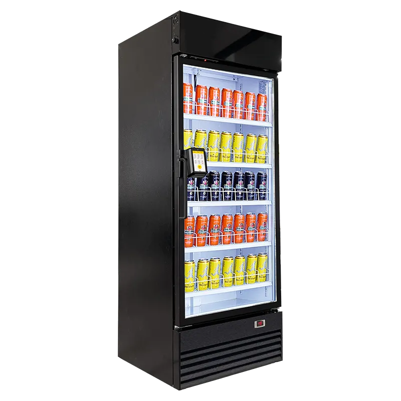 image of a smart cooler, a refrigerator with a glass door and a payment device on the left side.