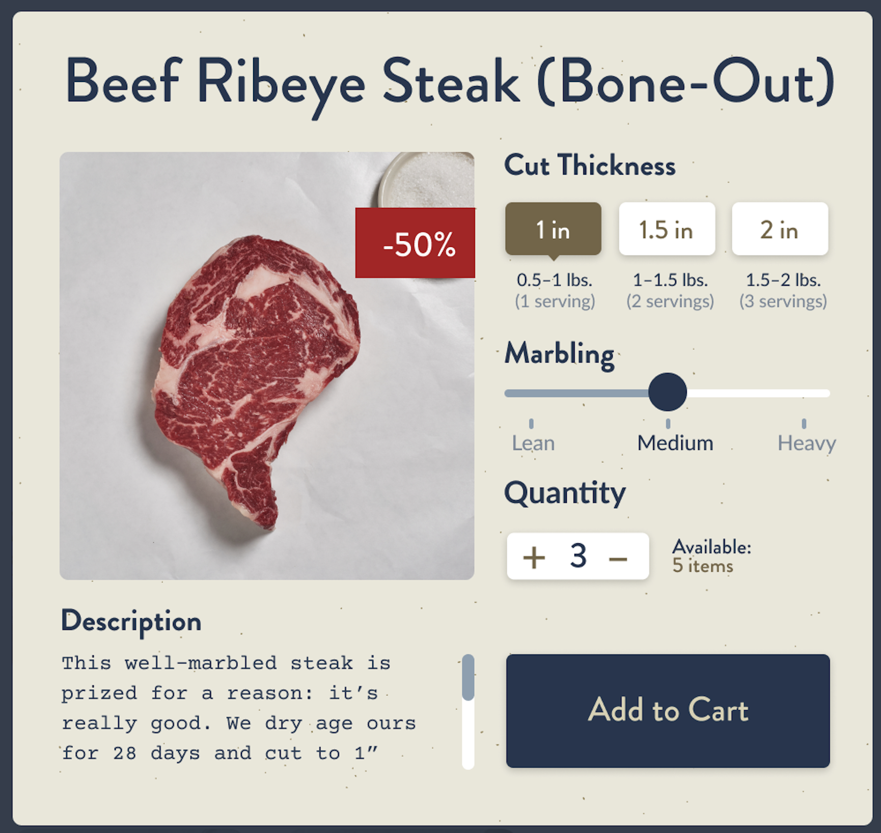 Picture of steak on a vending machine with information like weights, marbling, and quantity. 