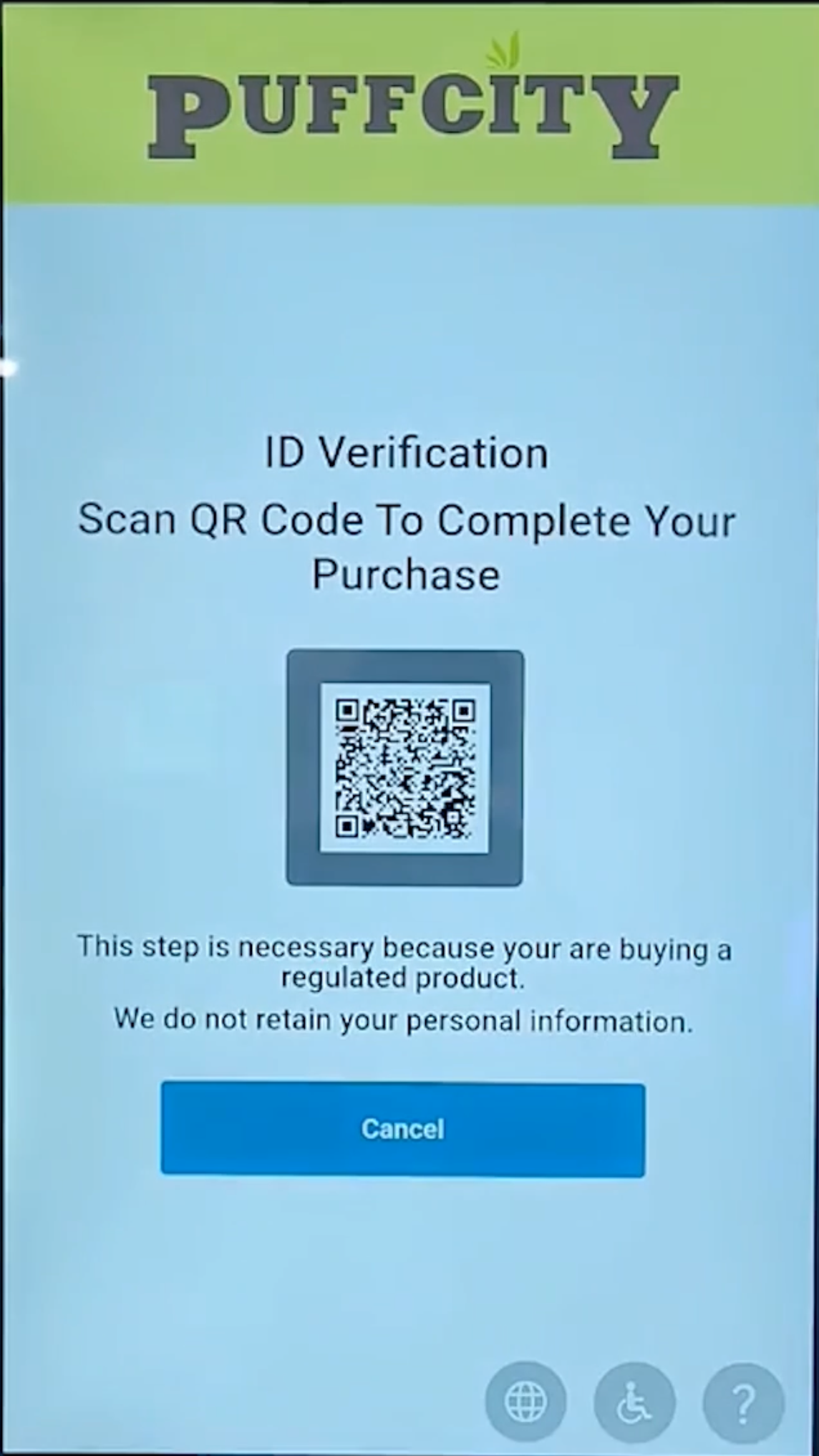 A still image of a vending machine screen requesting that the use scan a QR code to begin an ID verification process. 