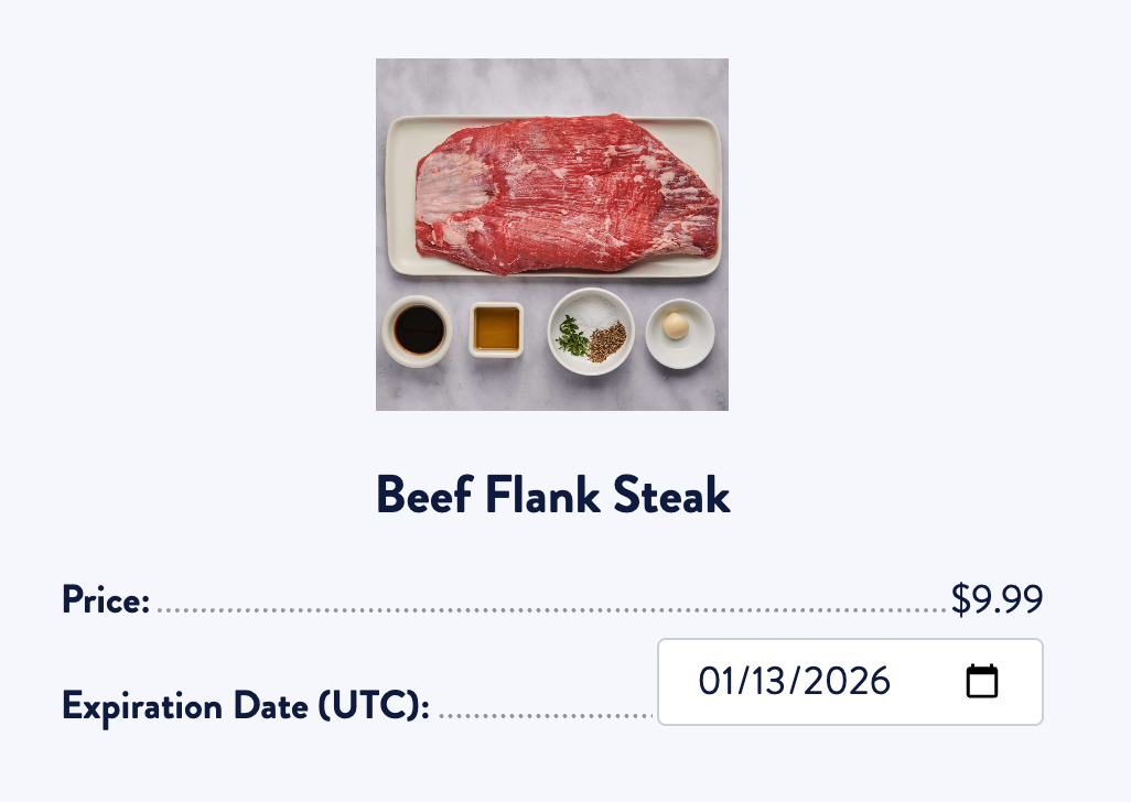 image of a beef flank steak product with an interface that displays its price and expiration date