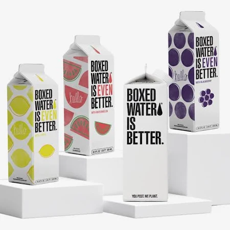 An image of four boxed water products. 