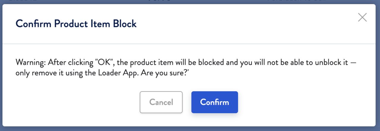 A screen shot of Applestone's administrative interface for blocking individual item sales.
