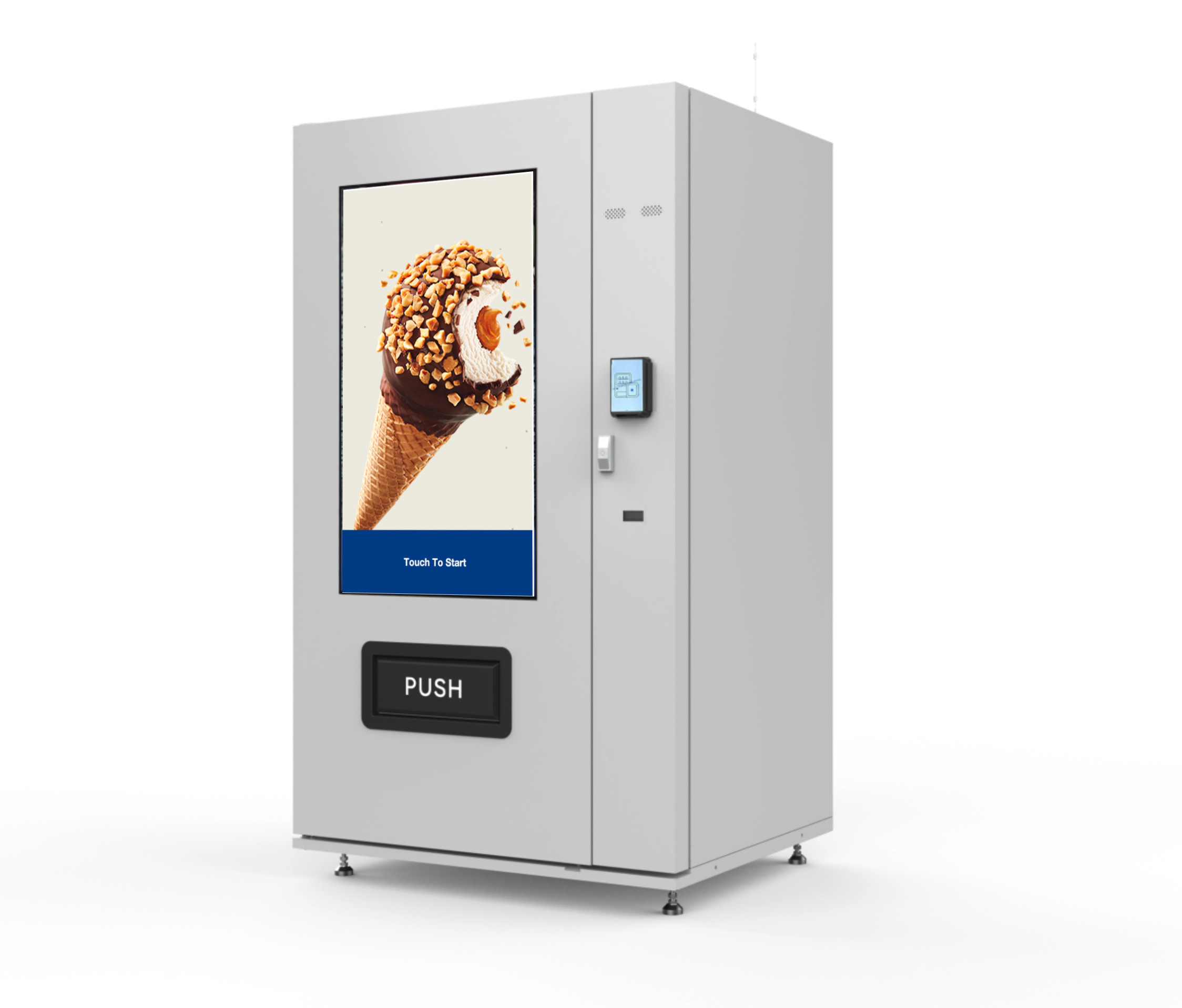 A large floorstanding vending machine with a large-screen in front. Door has image of ice cream. 