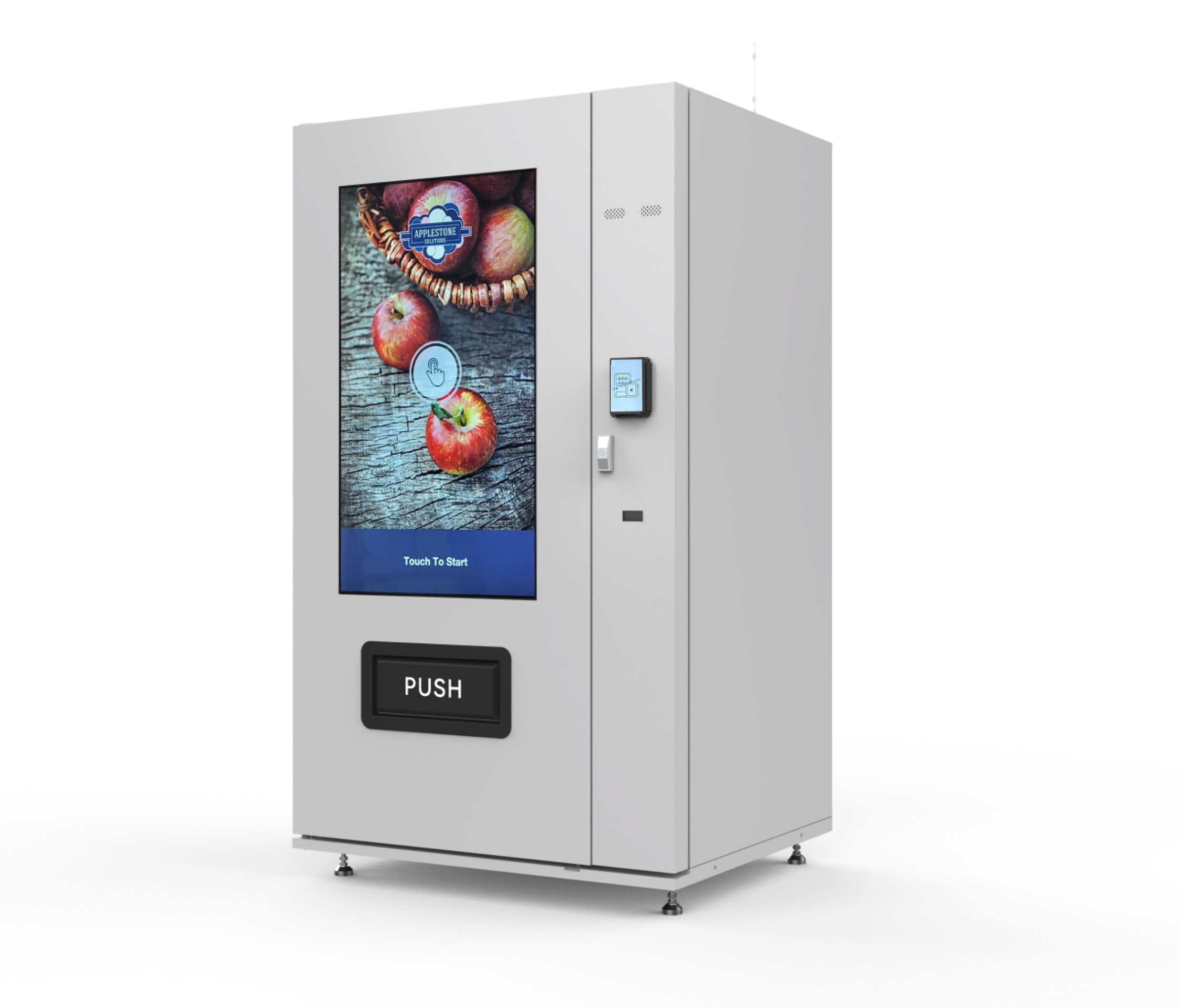 A vending machines with a picture of apples. 