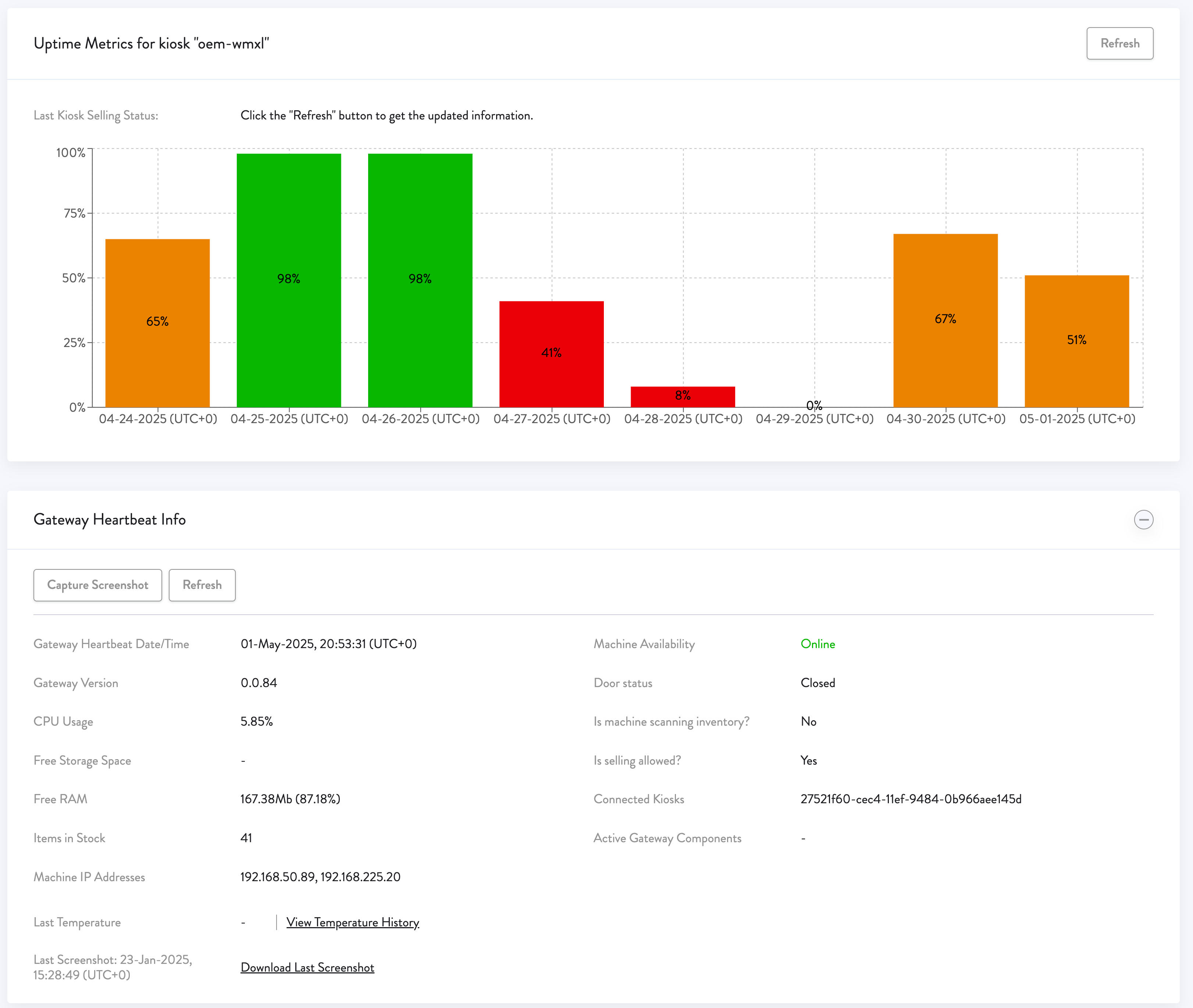 Screen shot of administrative console with machine uptime statistics.