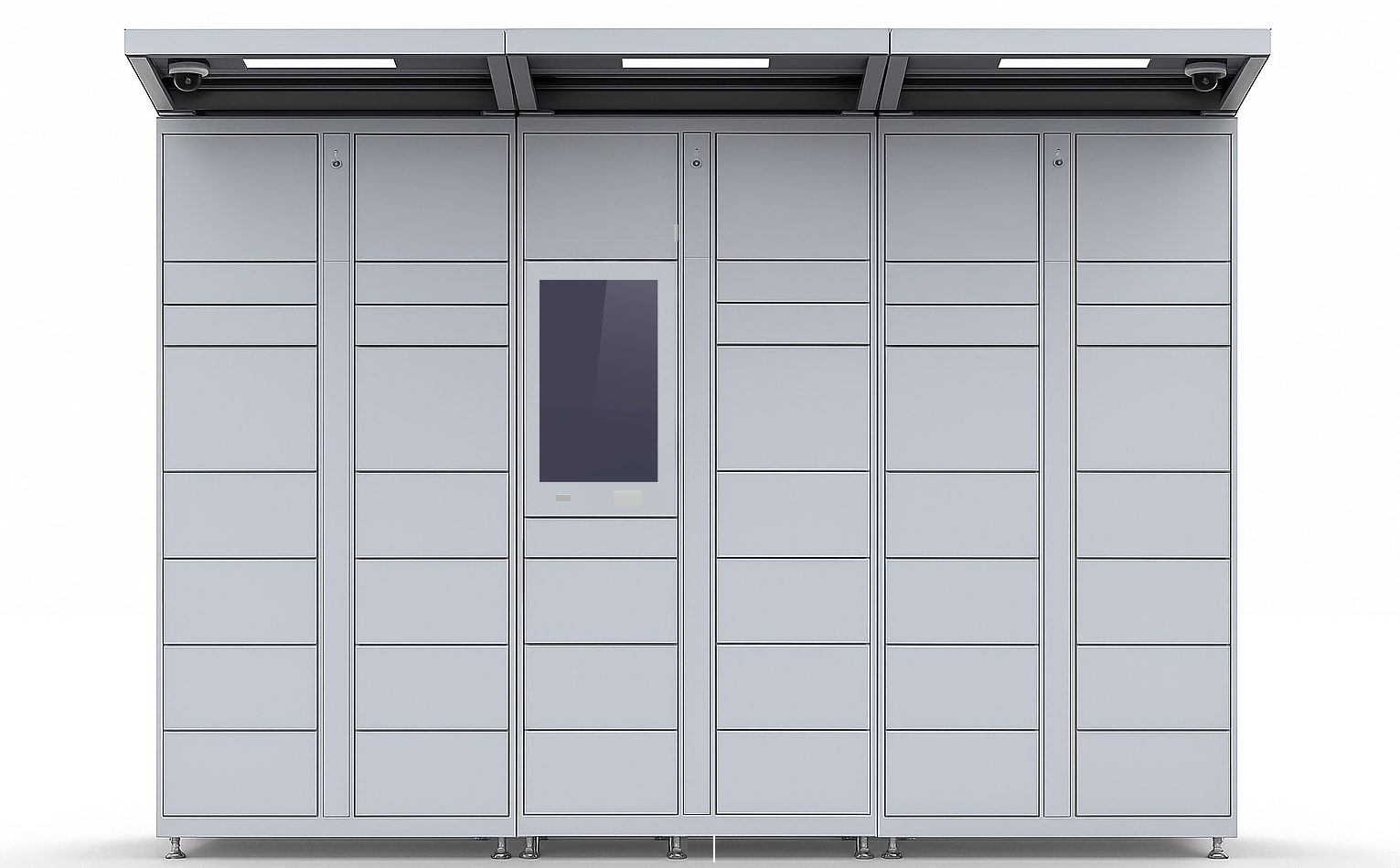 image of a large locker array with an illuminated roof and a large touch-screen in the middle. 