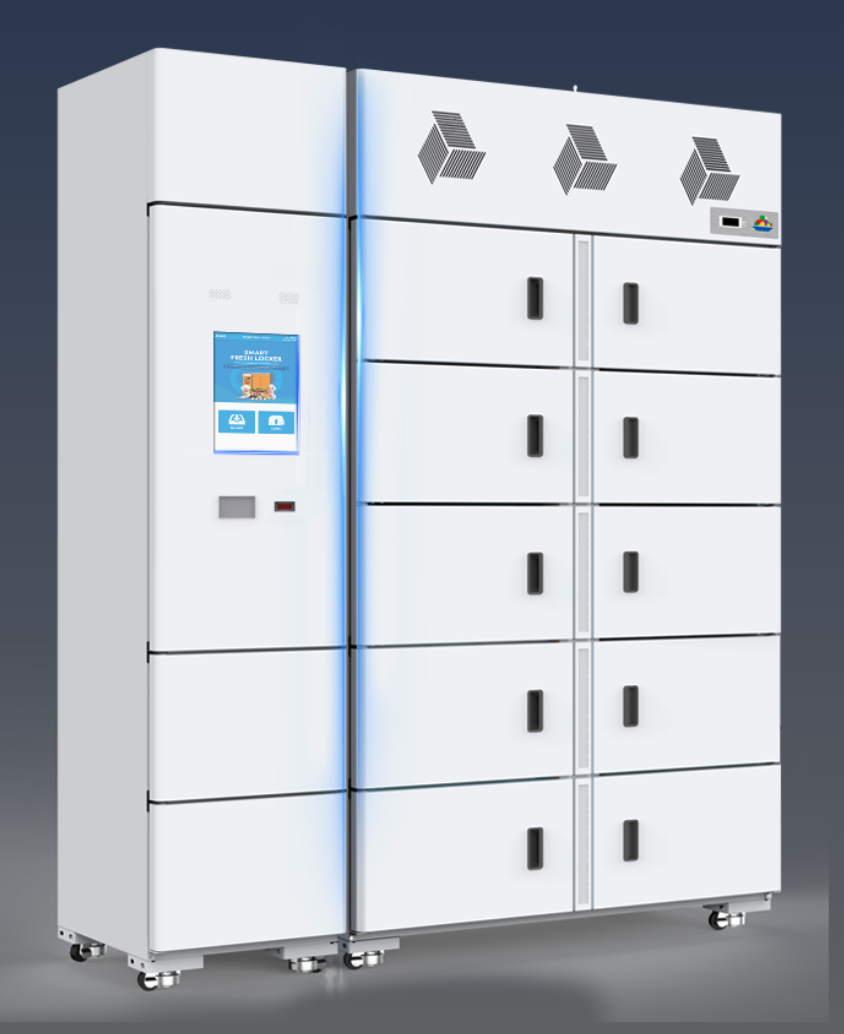 Image of a pickup locker with a touch screen control tower and 10 locker cells. 