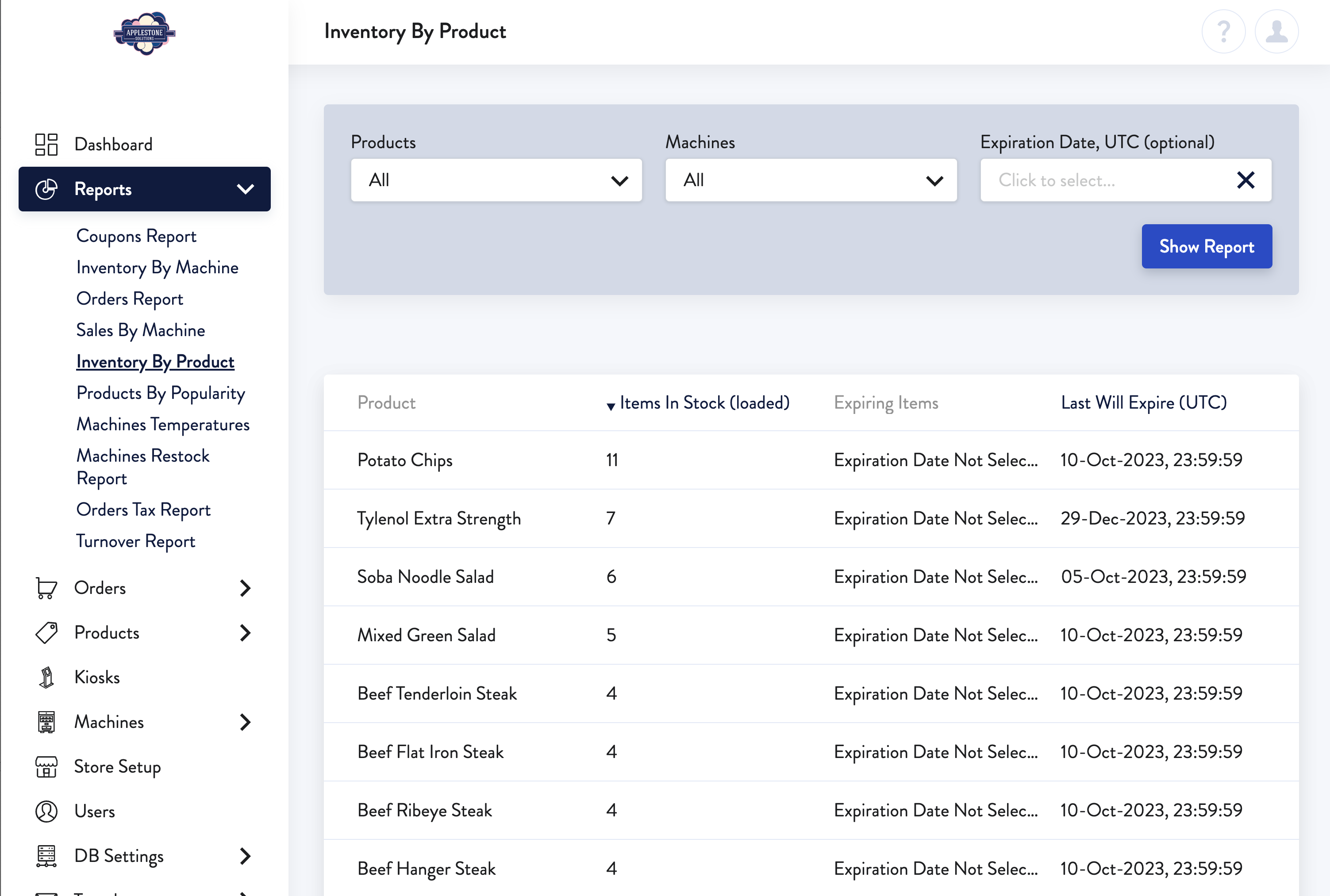 Screen shot of a dashboard with a listing of products in inventory. 
