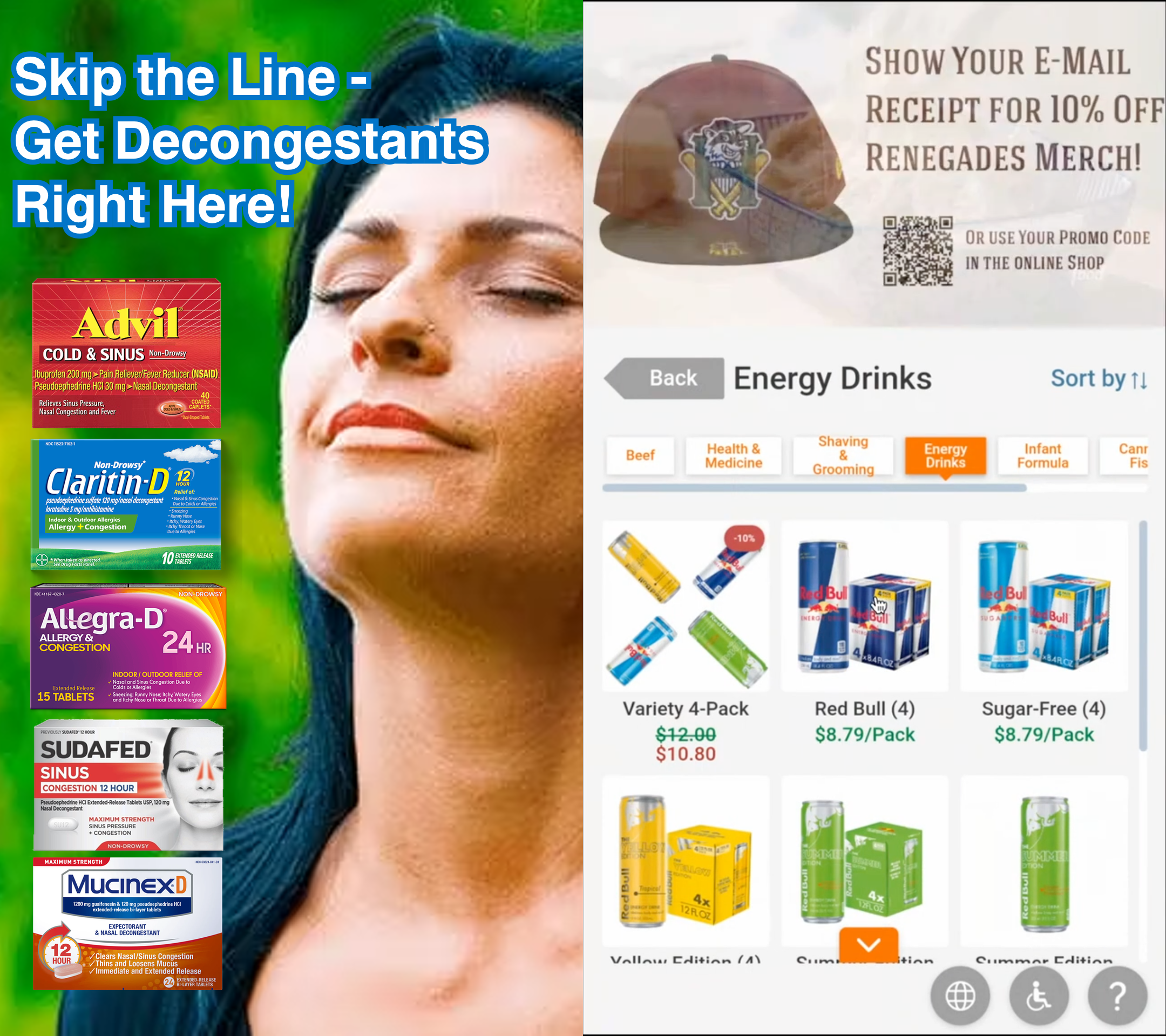 Image of side-by-side ad examples -- one is a full screen ad for decongestants, another is an ad for a local baseball team above a selection of vending machine products. 