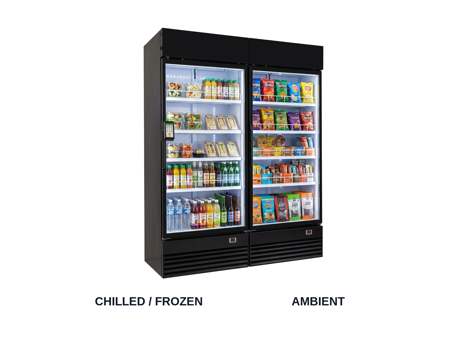Single joined unit: chilled/frozen cabinet and ambient cabinet side by side sharing one payment terminal.