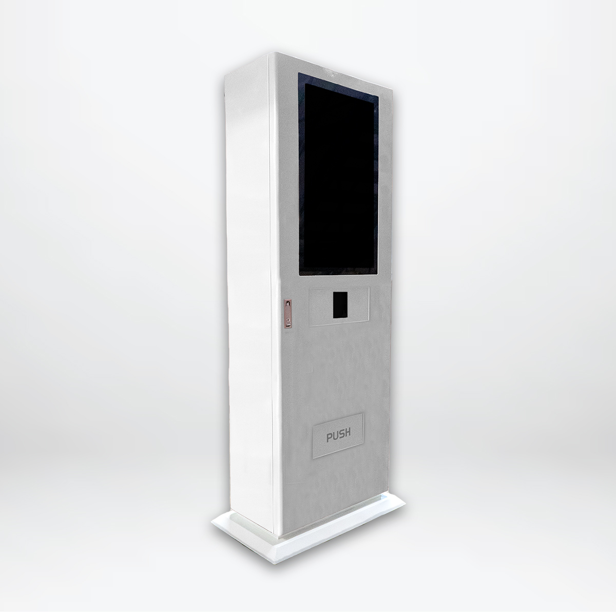 Slim floor-standing vending machine with spiral dispensing. 
