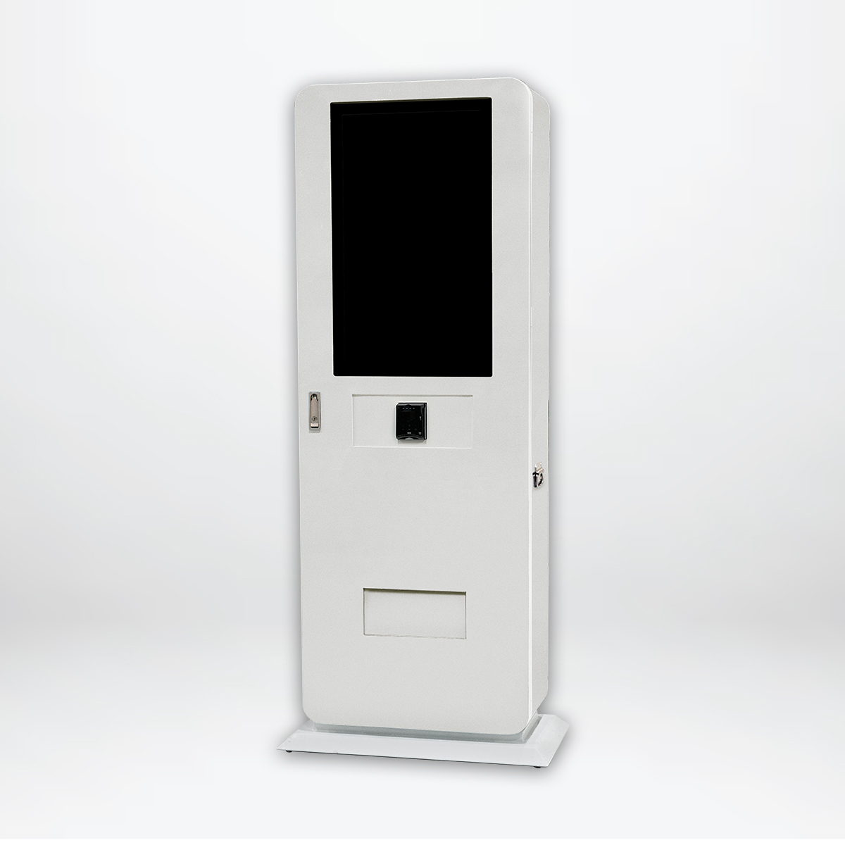 Slim floor-standing vending machine with large screen. 