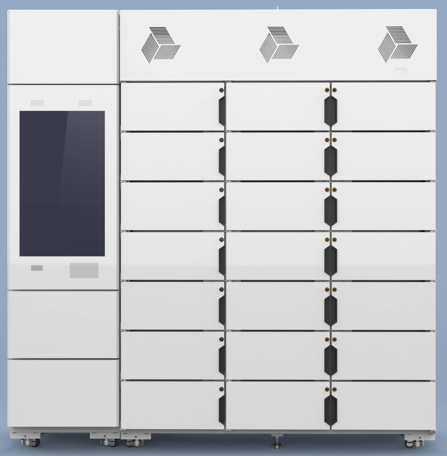 Image of a pickup locker with a touch-screen control tower and 21 locker cells. 