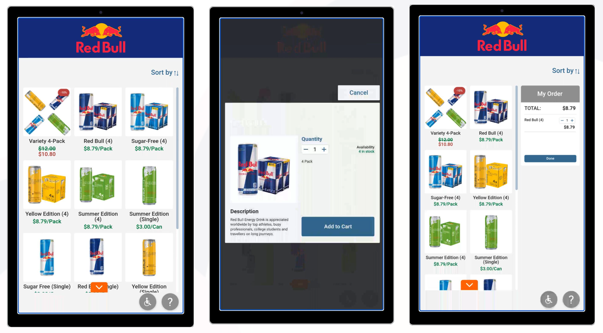Image of three vending machine touch screens with shopping cart-style interfaces. 