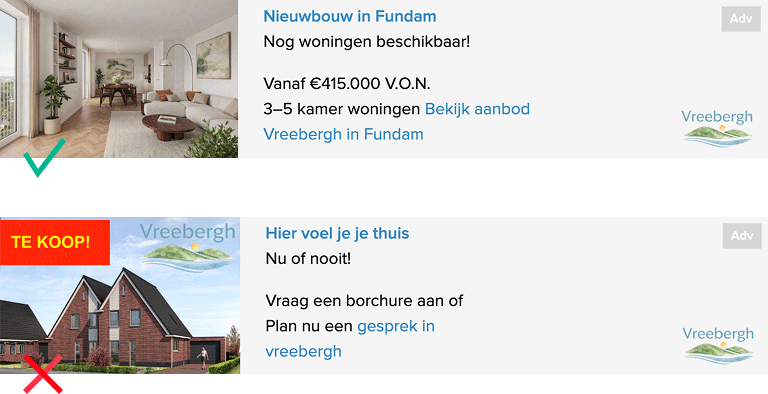Bovenste beeld: een goed voorbeeld van een in feed nieuwbouwadvertentie met een laagdrempelige CTA en een subtiele urgentie. Onder: een voorbeeld van hoe een slechte in feed nieuwbouwadvertentie.