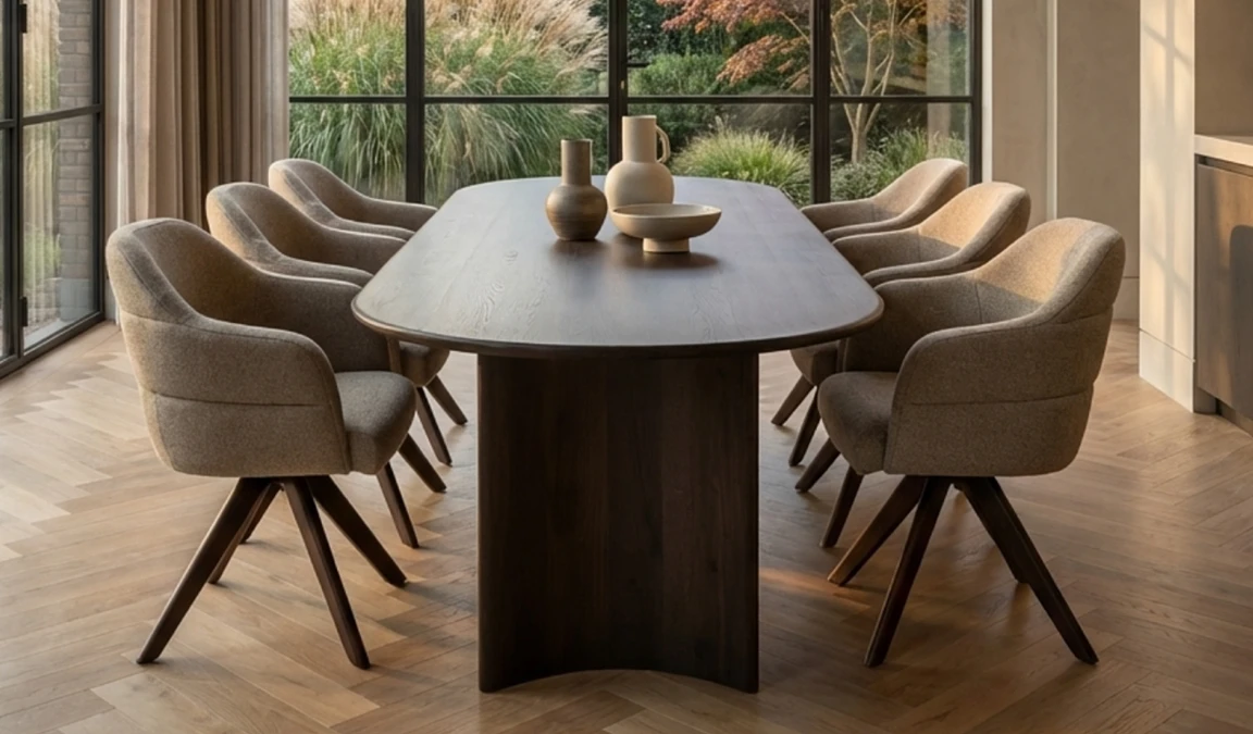 Ovalen, donker houten eettafel met daaromheen zes stoelen in een beige stof. De poten hebben dezelfde kleur als de eettafel. De kleuren van een eetkamerset komen terug in de naastgelegen keuken.