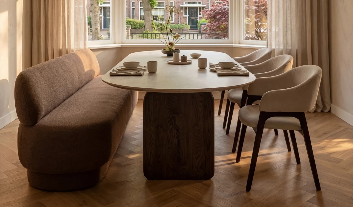Ovalen eettafel met licht tafelblad. Links een eetkamerbank, rechts drie beigekleurige stoelen. De houten kleur van het onderstel komt terug in de poten van de zes stoelen.